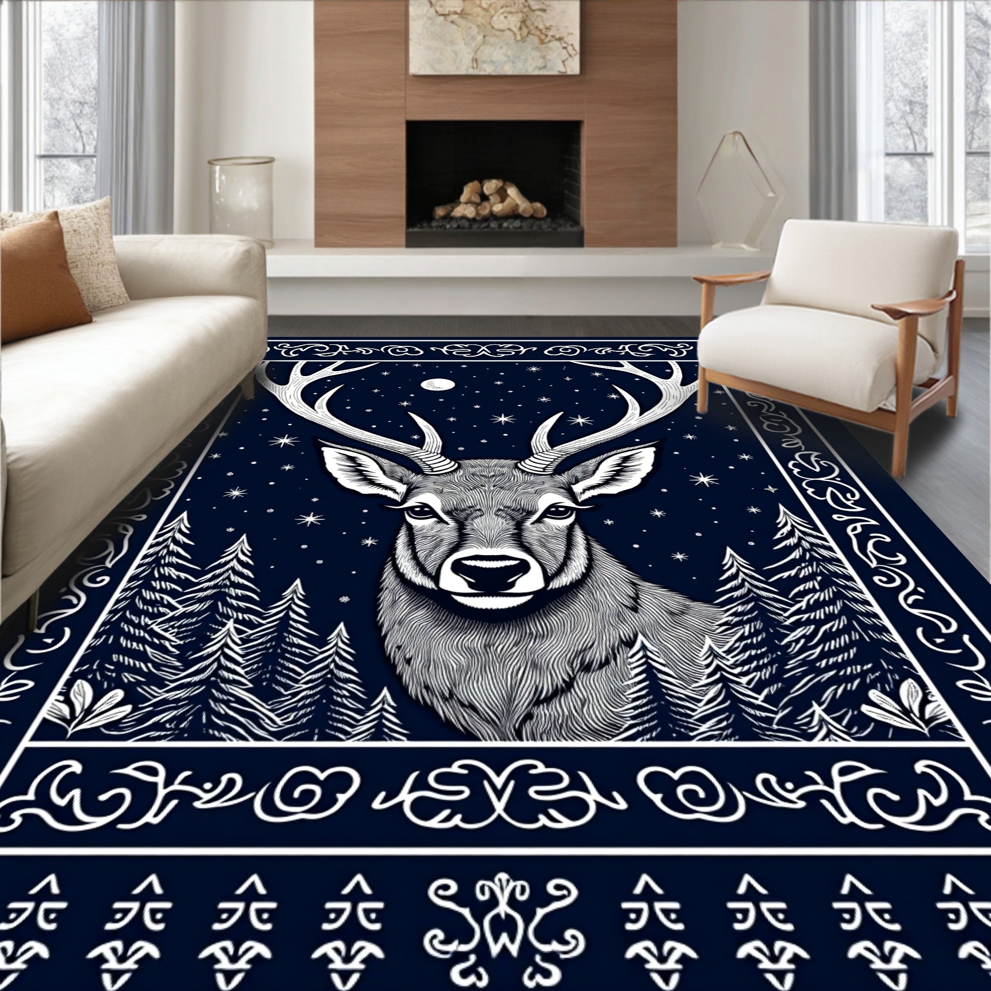 Midnight Deer Forest Night Sky Rug