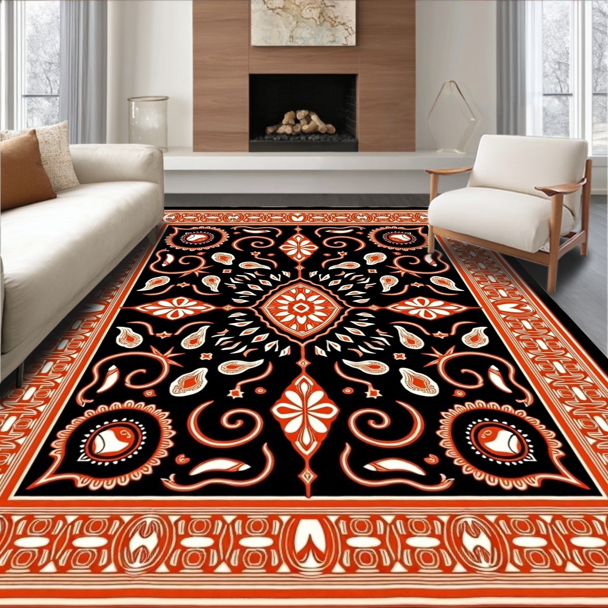 Black Orange Medallion Floral Swirl Rug