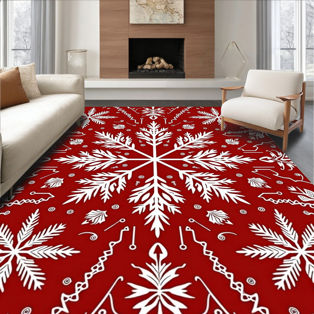 Crimson White Snowflake Symmetry Decor Rug