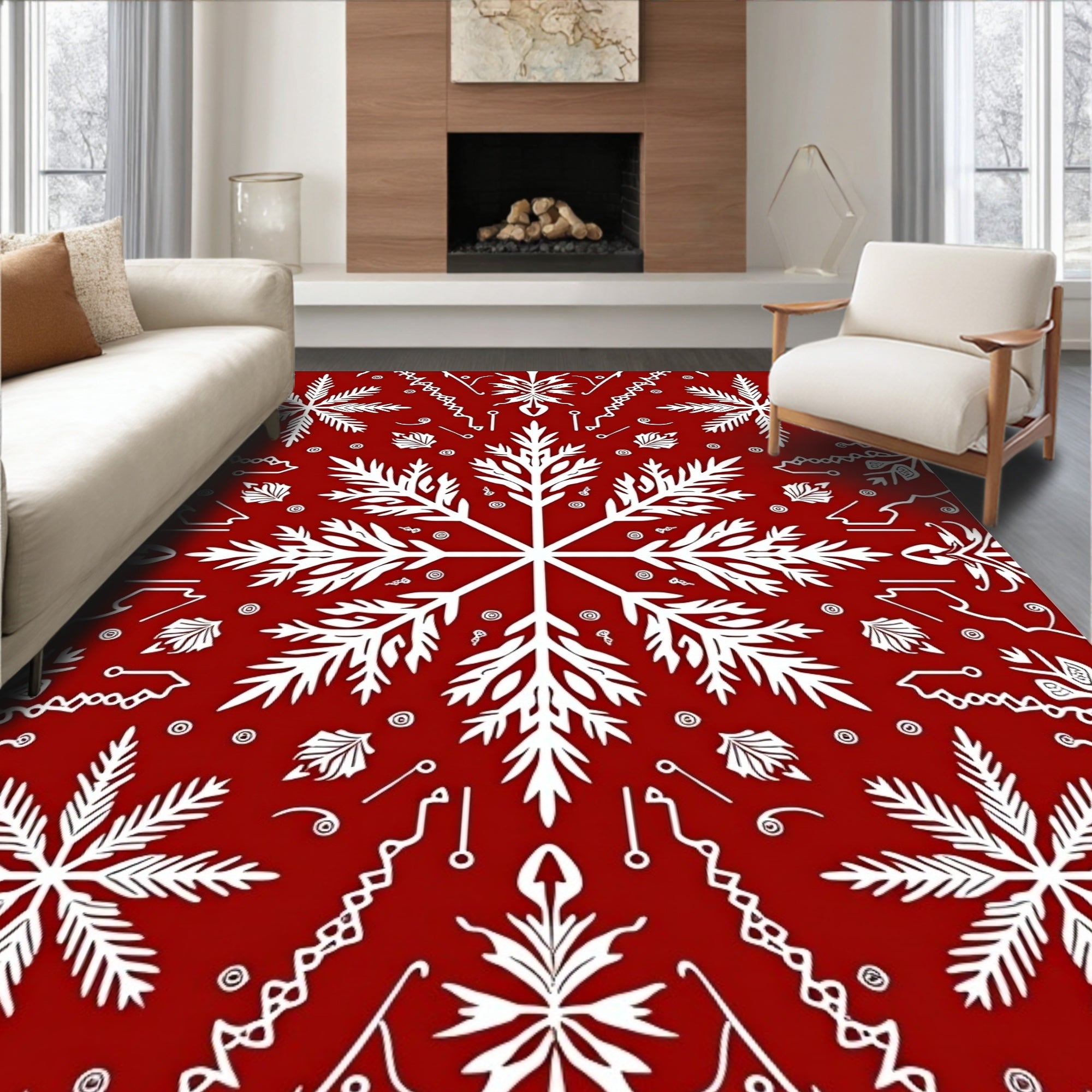 Crimson White Snowflake Symmetry Decor Rug