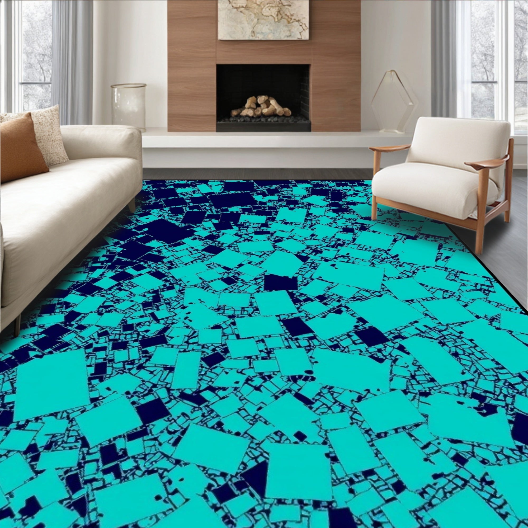 Deep Teal Scattered Squares Rug