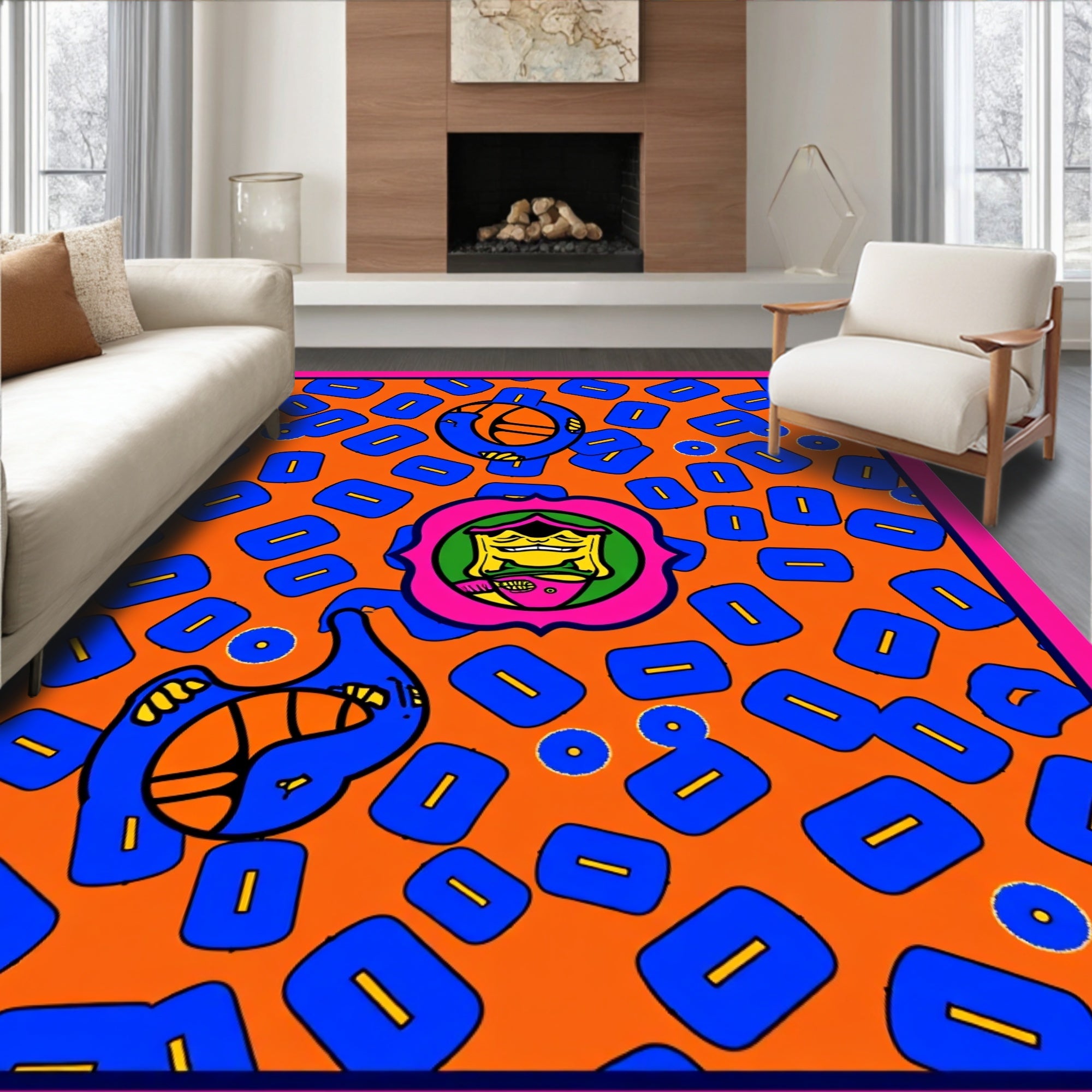 Vibrant Blue Abstract Figures Orange Rug