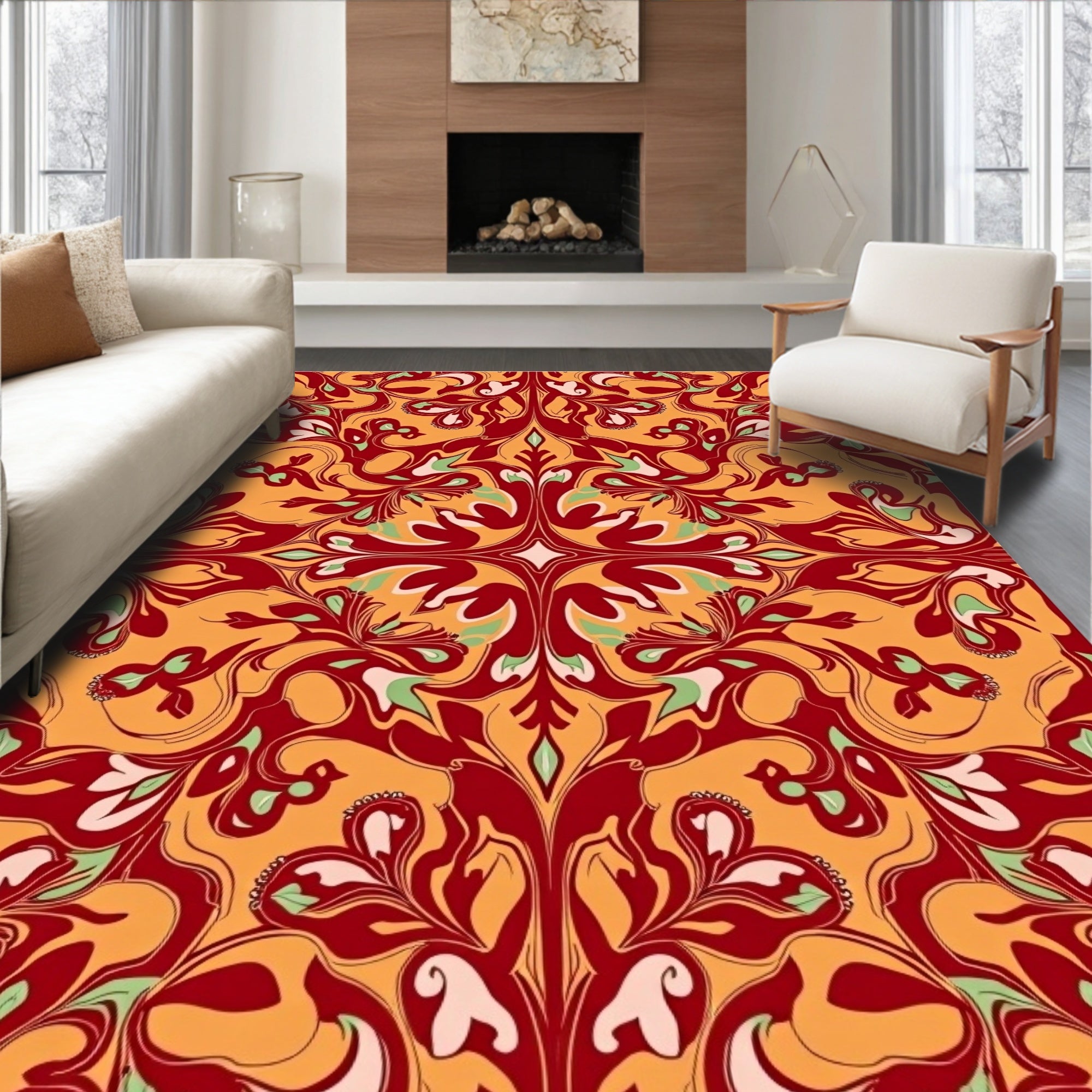Crimson Gold Floral Swirl Rug