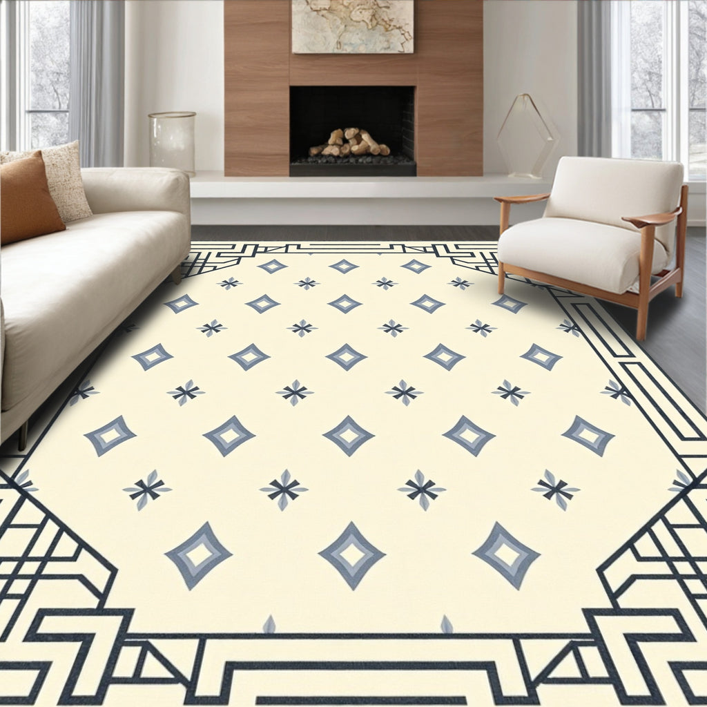 Cream And Blue Geometric Diamond Border Rug