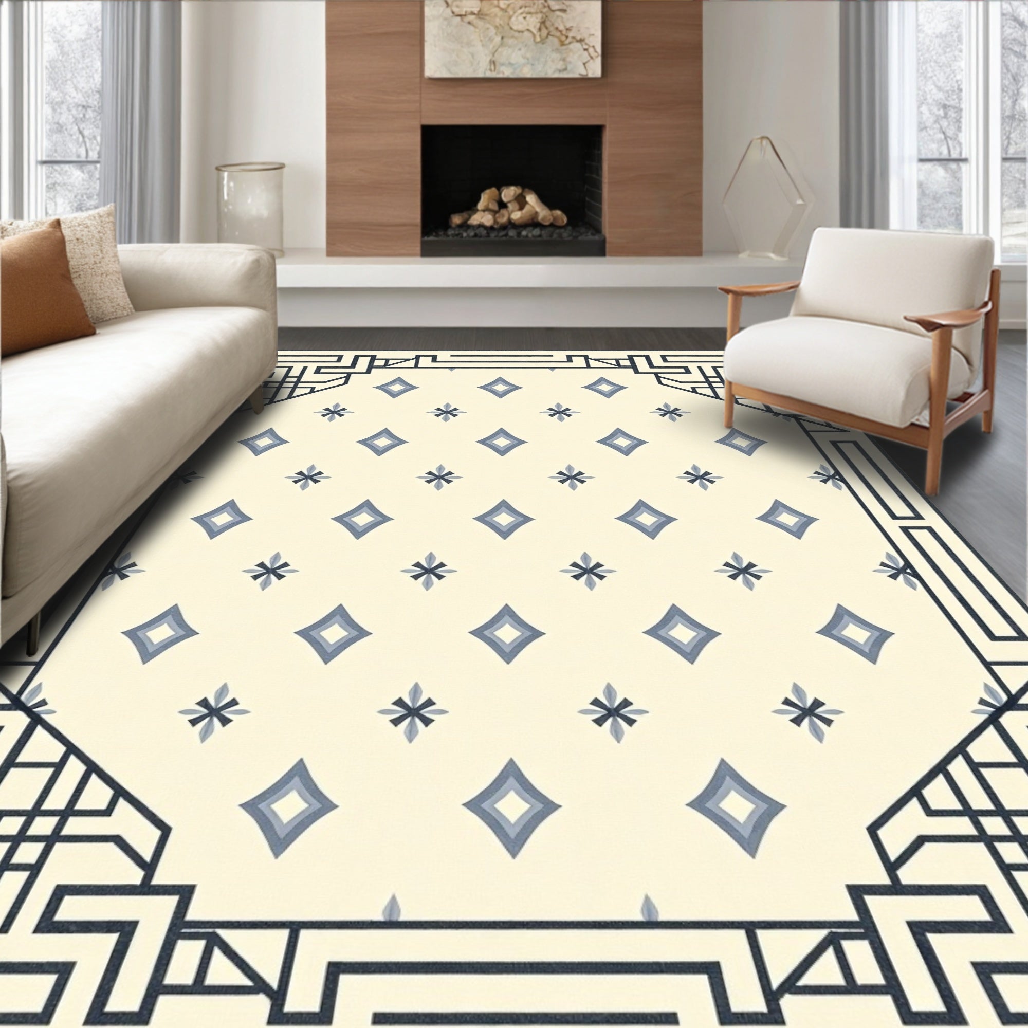 Cream And Blue Geometric Diamond Border Rug