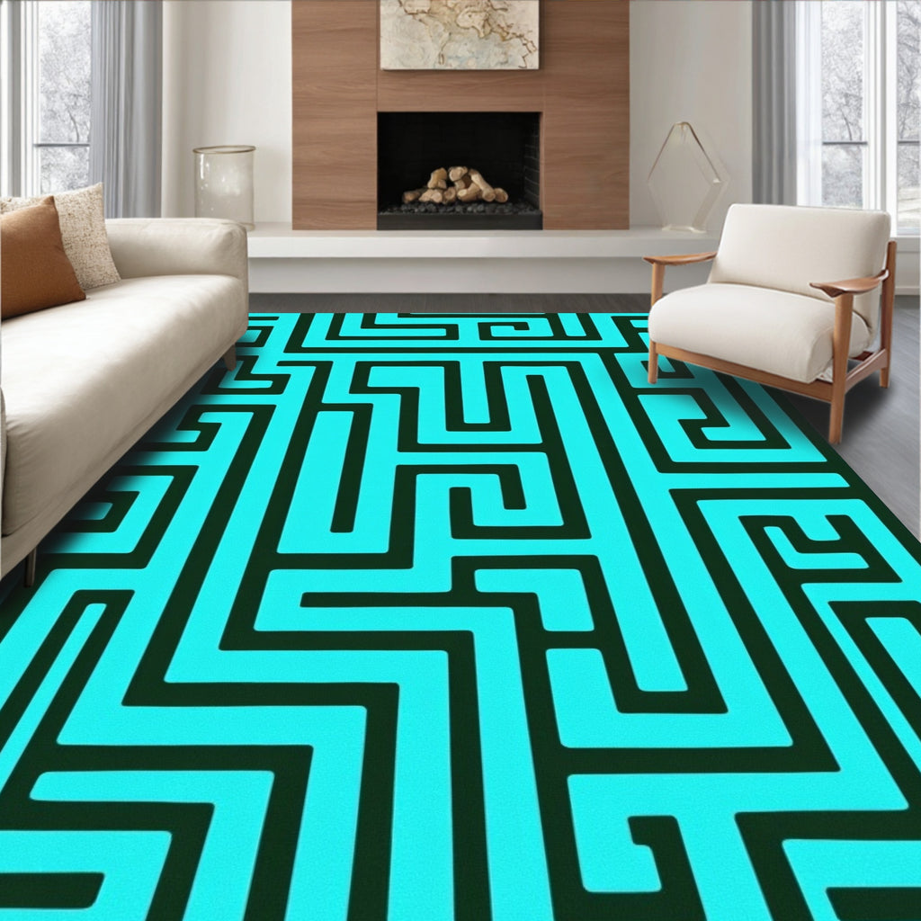 Bright Teal Black Maze Geometric Rug