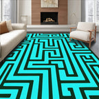 Bright Teal Black Maze Geometric Rug