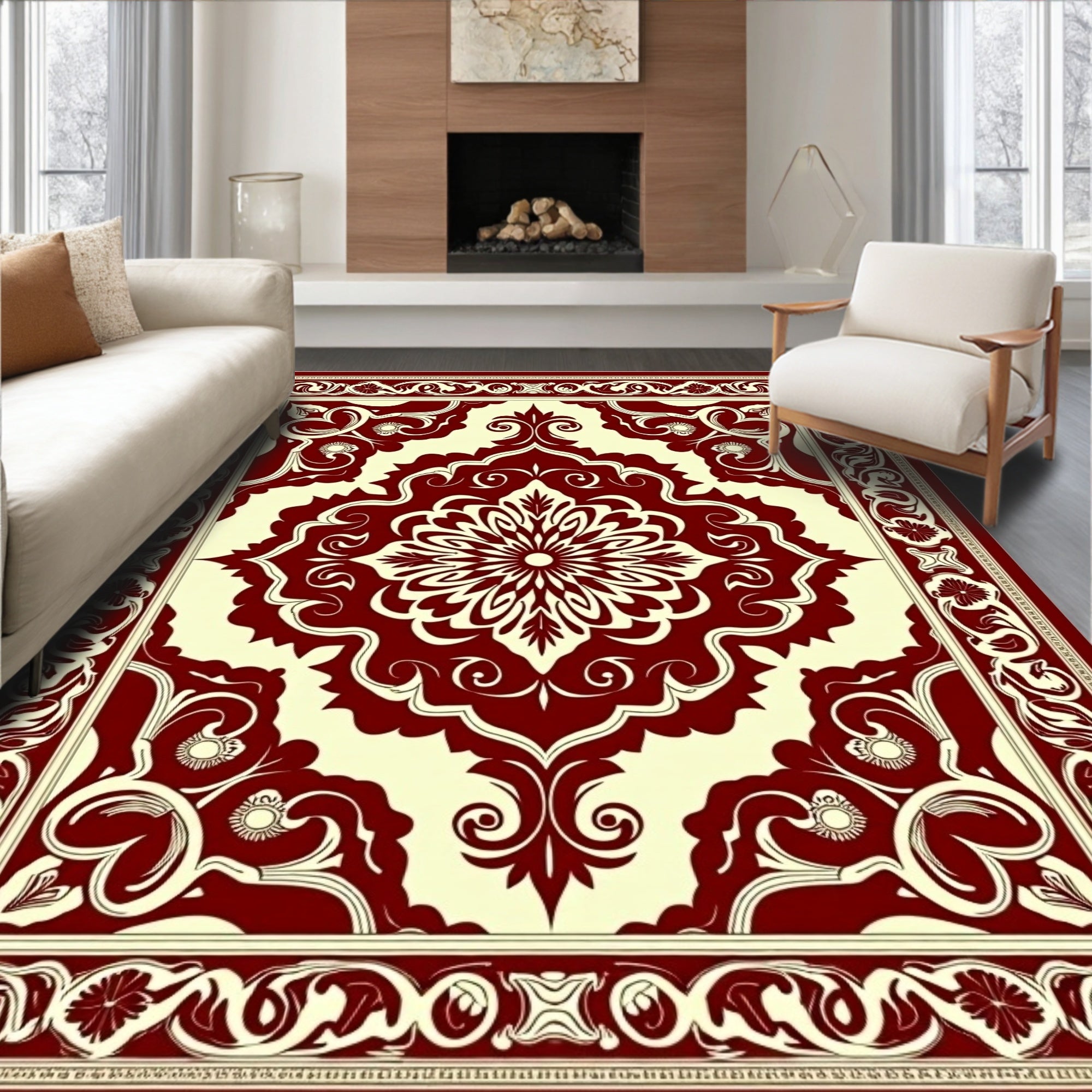 Deep Red Cream Floral Medallion Border Rug