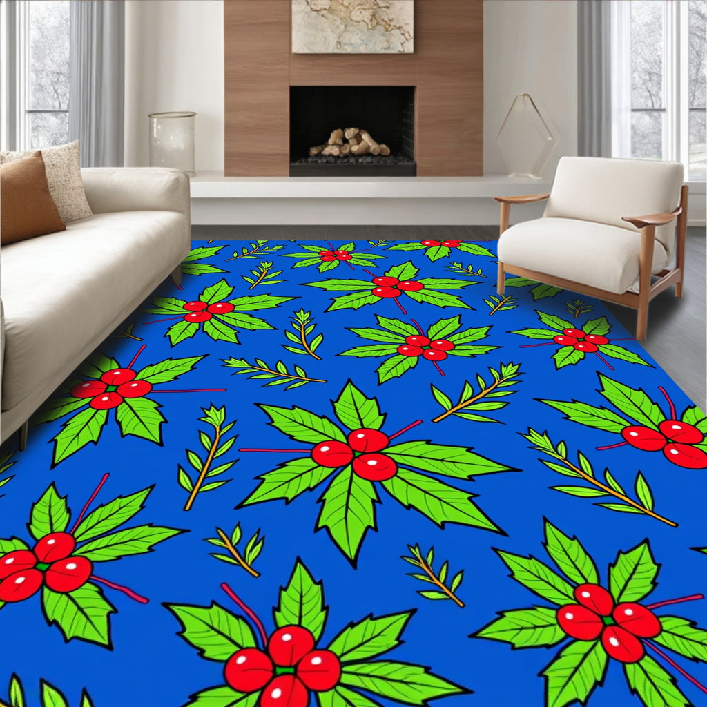 Bright Blue Holly Berry Accents Rug