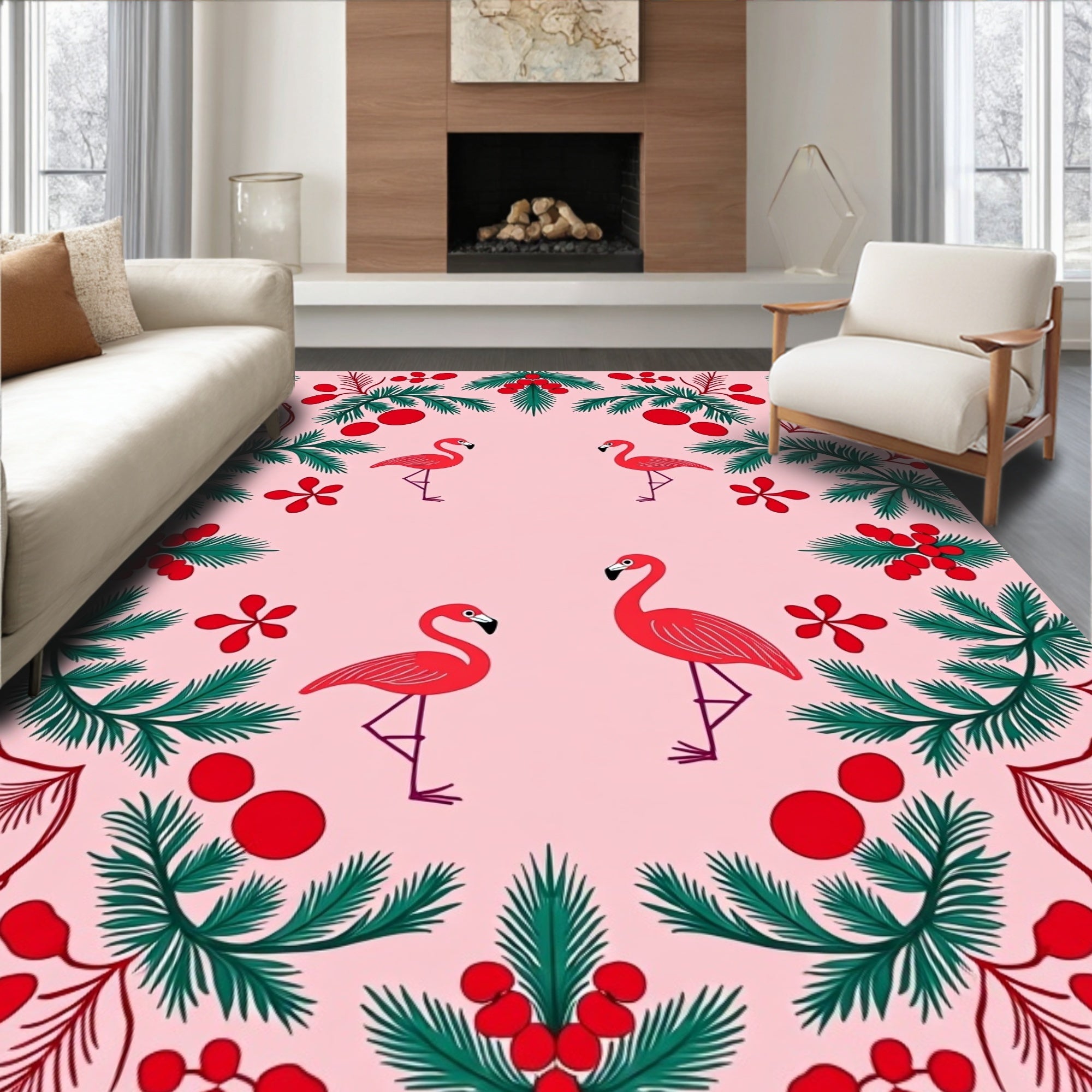 Pink Flamingo Evergreen Berry Garland Rug