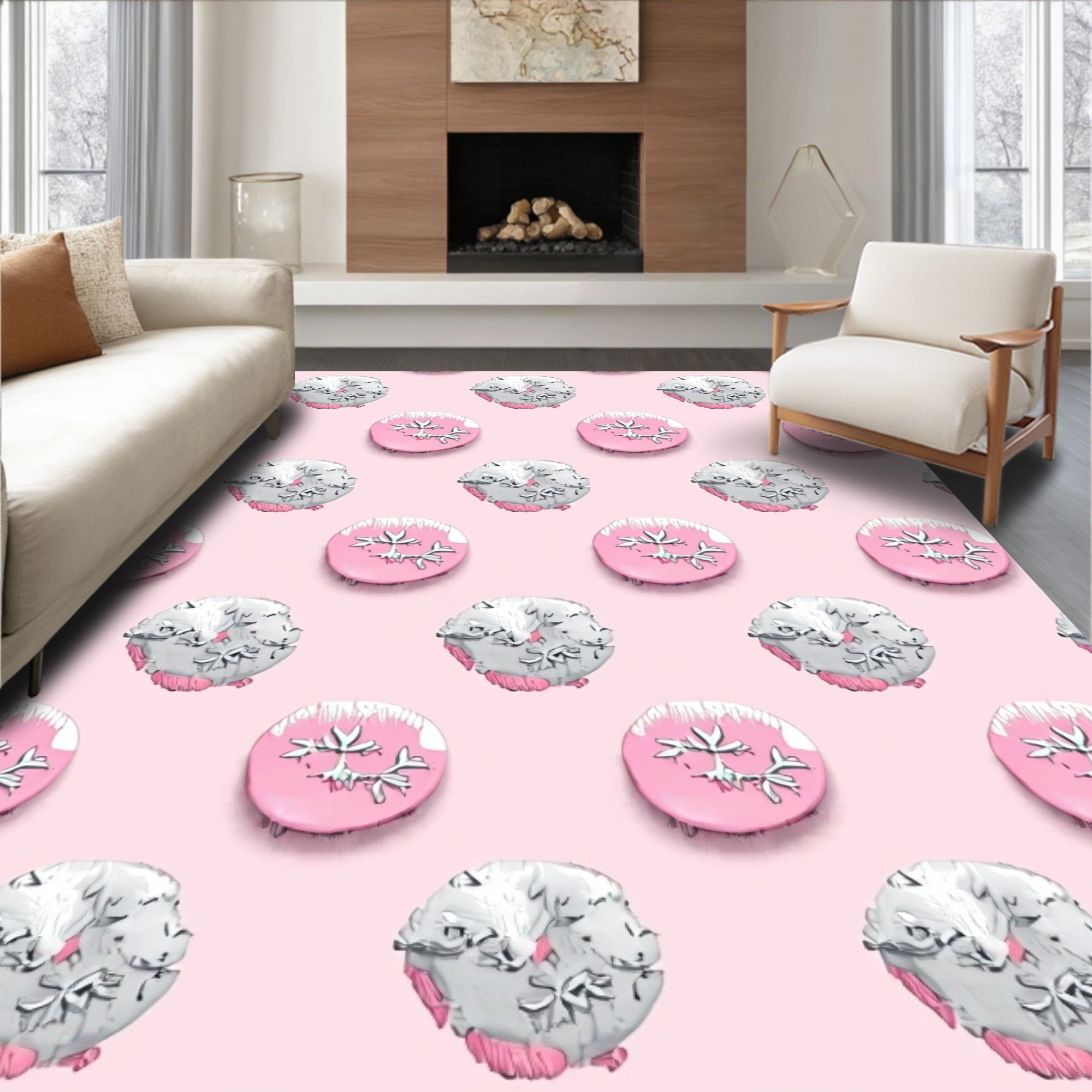 Pink White Circular Snowflakes Rug