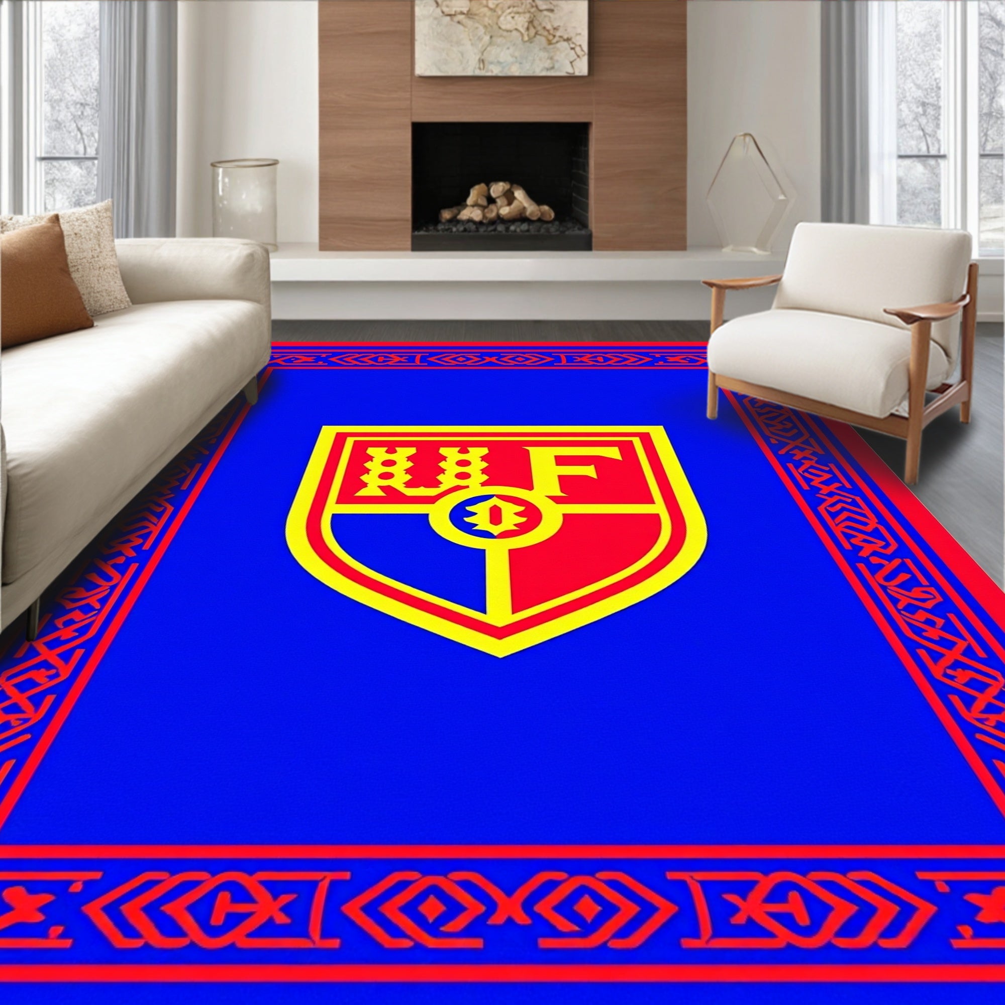 Bold Red Blue Shield Emblem Rug