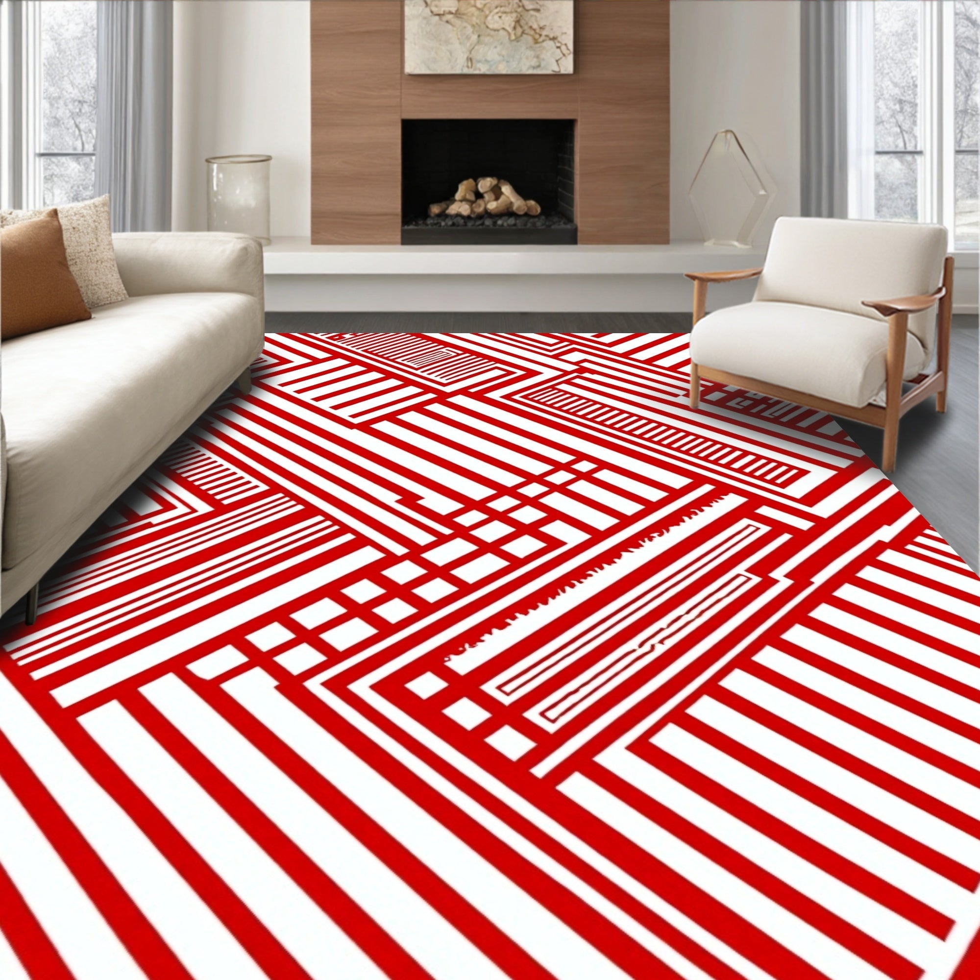 Dynamic Red White Geometric Circuit Rug
