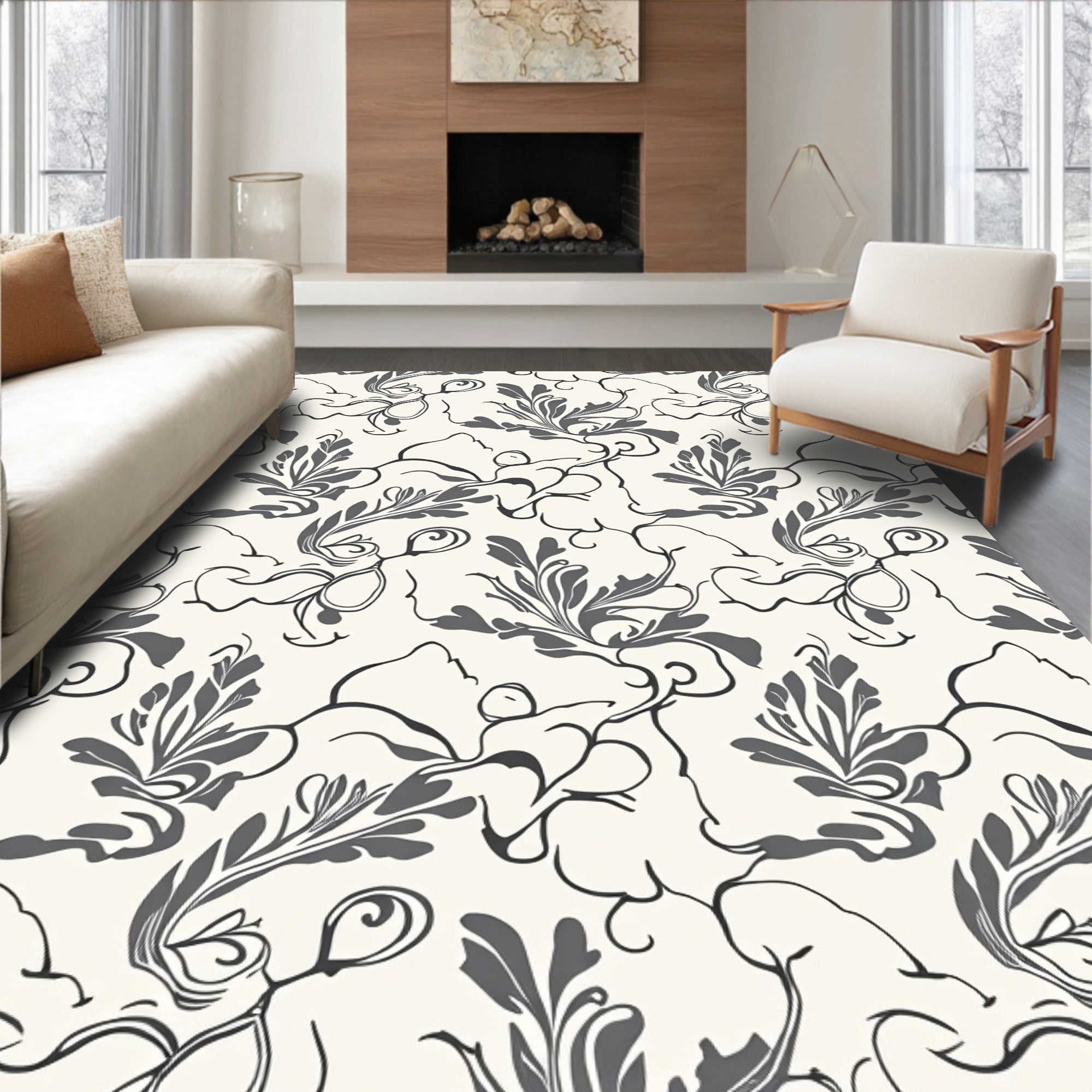 Monochromatic Gray Floral Vine Rug