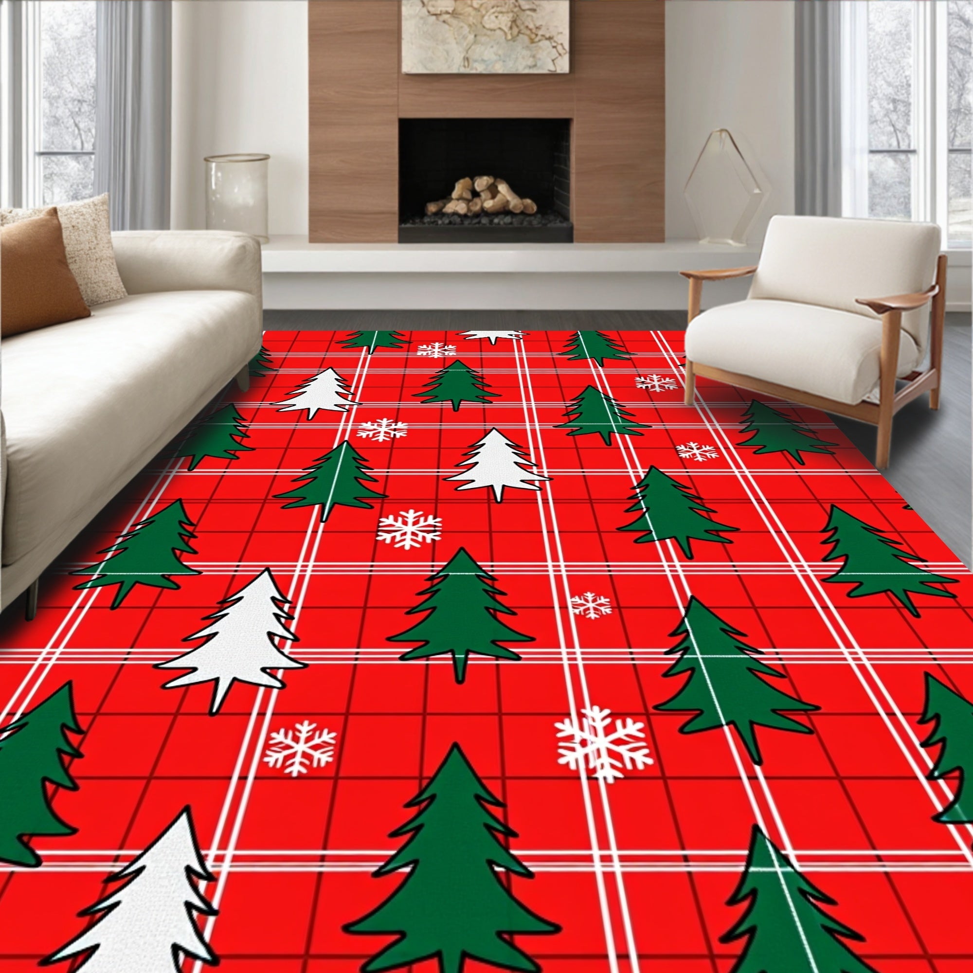 Red Tartan Christmas Tree Snowflakes Rug