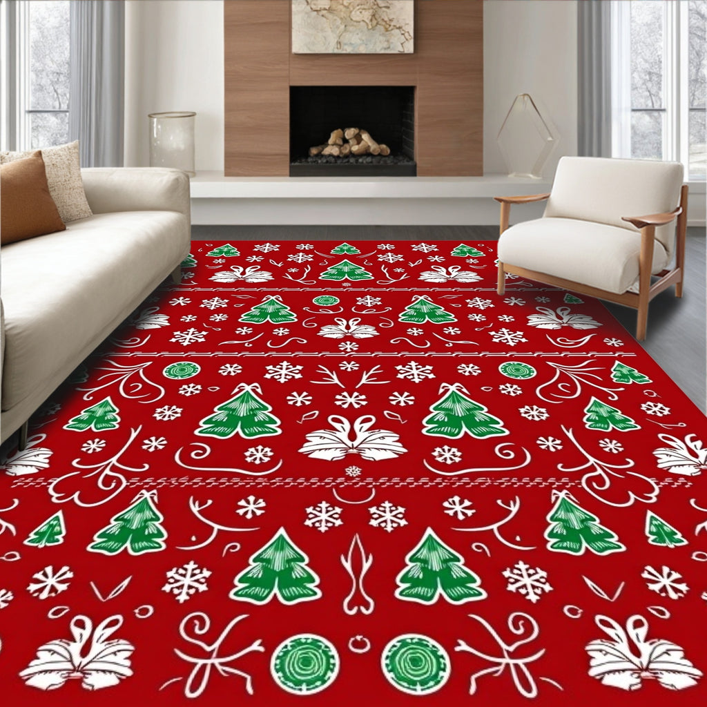 Festive Red Green Christmas Tree Snowflakes Rug