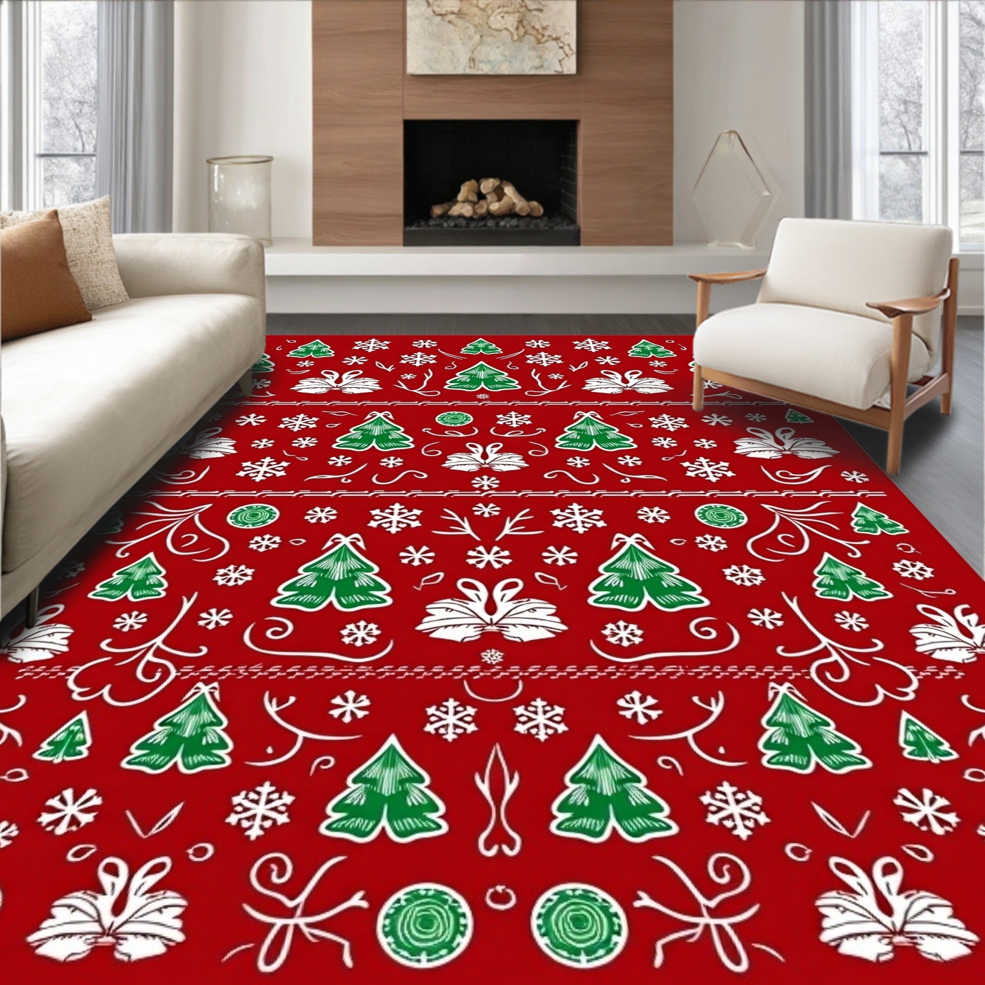 Festive Red Green Christmas Tree Snowflakes Rug