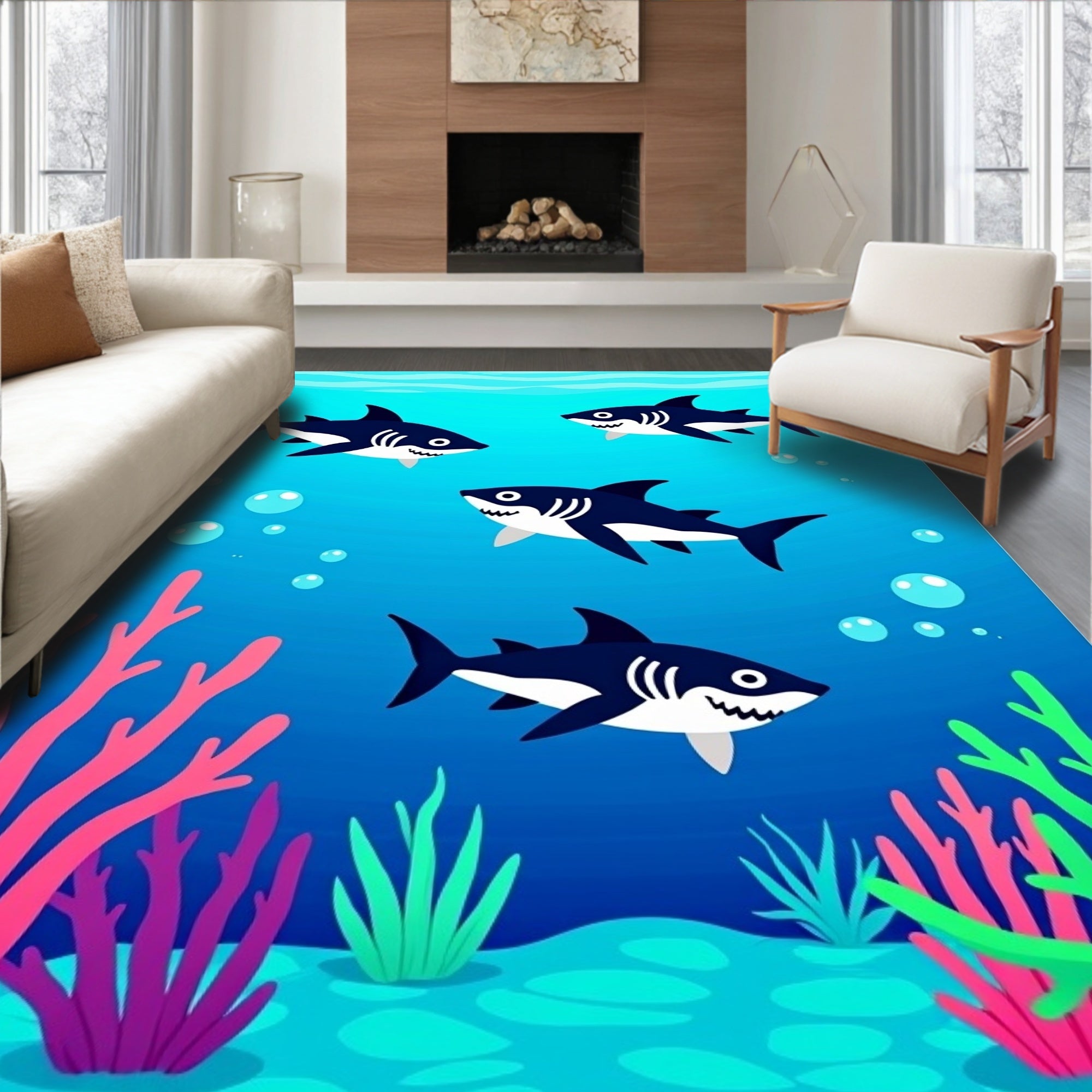 Blue Water Deep Sea Sharks Coral Rug