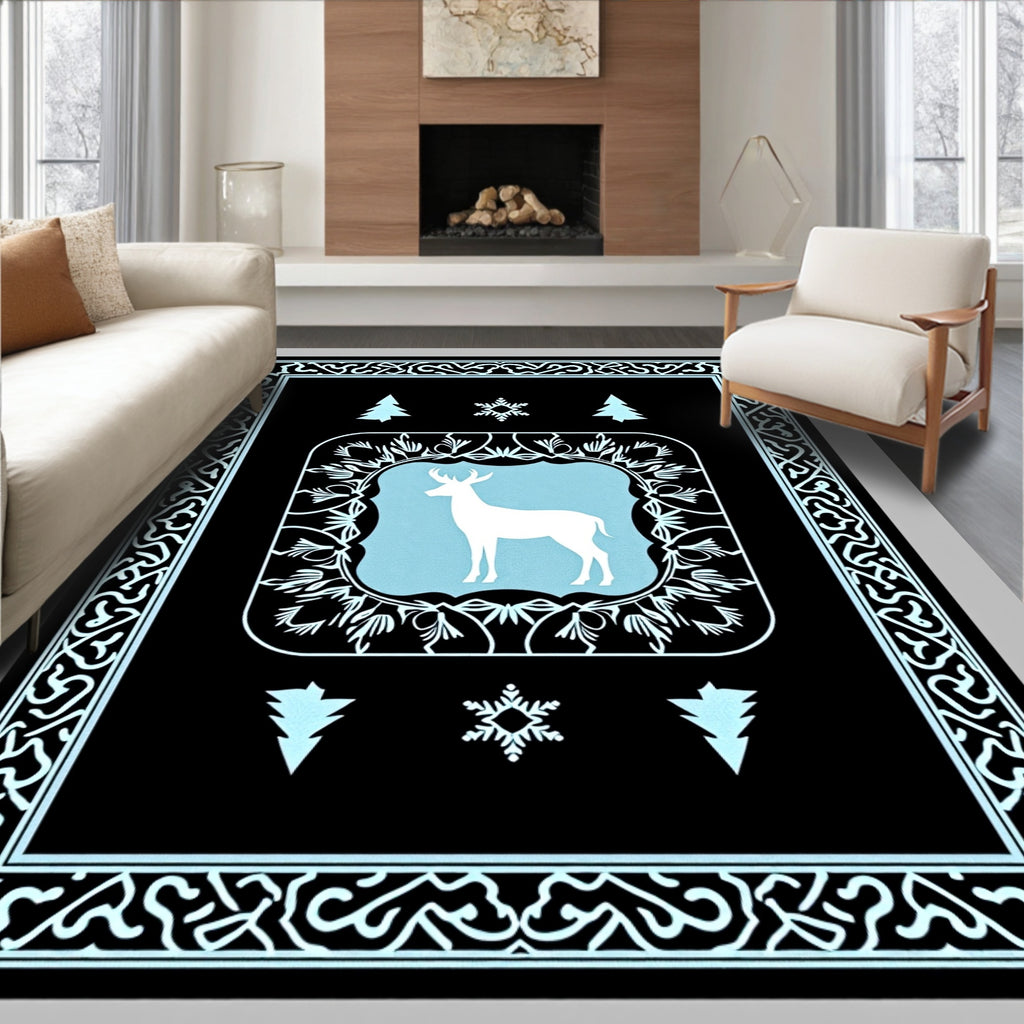 Winter White Deer Light Blue Frame Rug