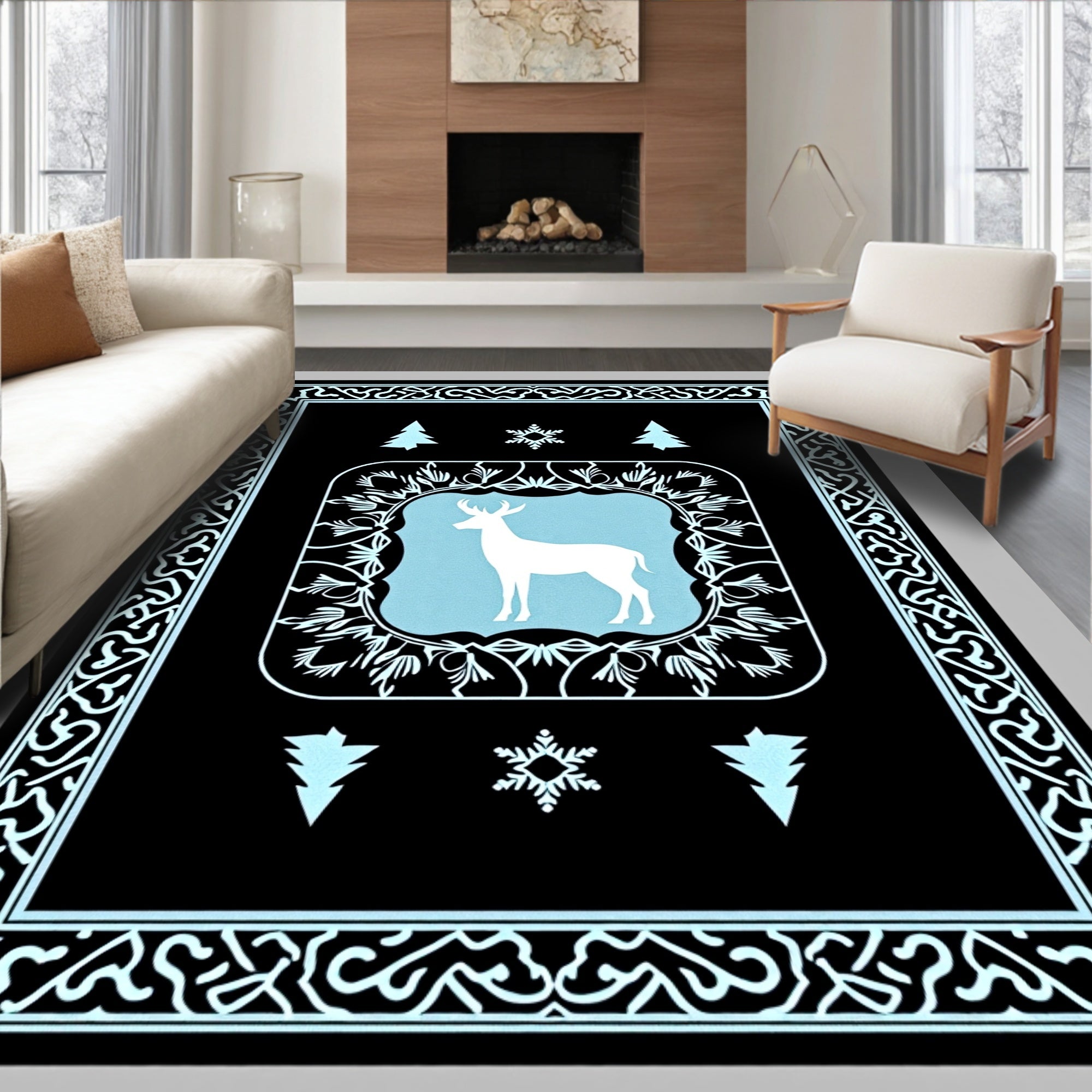 Winter White Deer Light Blue Frame Rug
