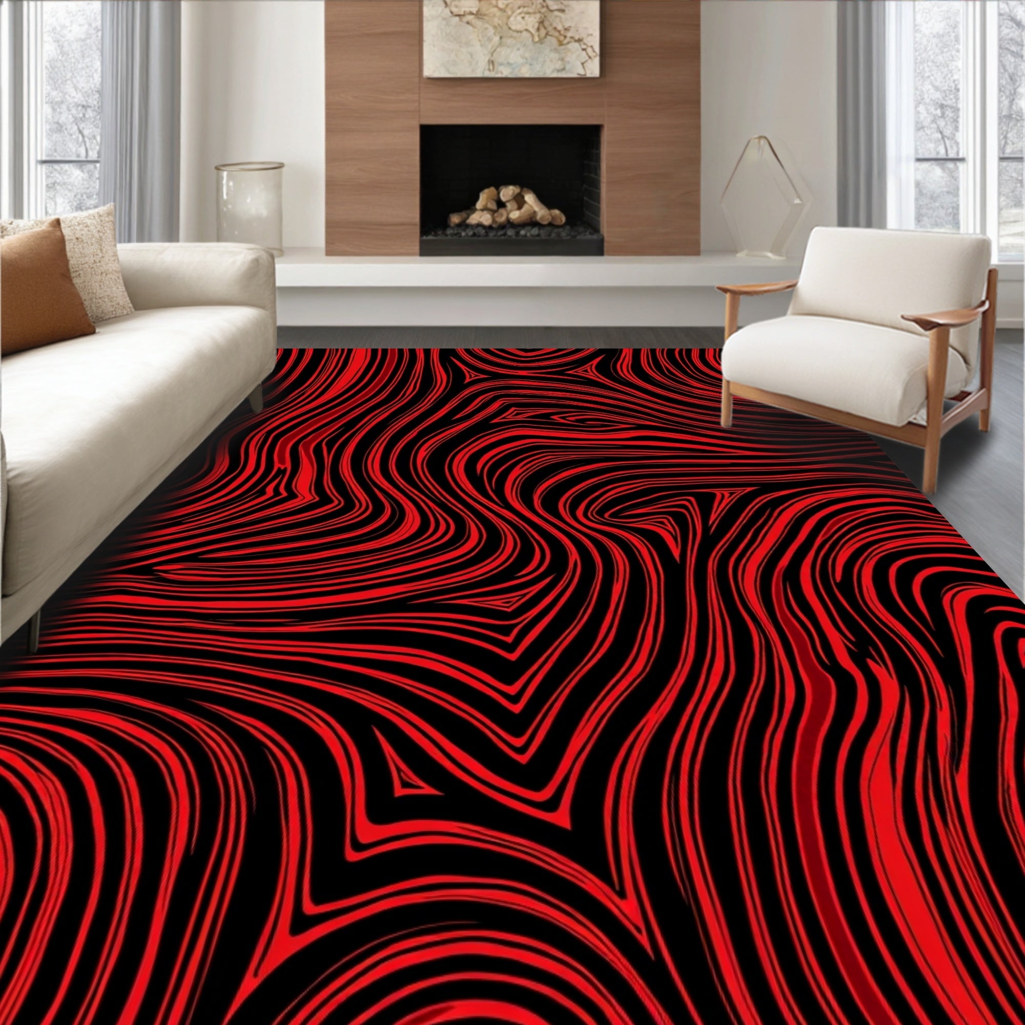 Crimson and Black Wavy Stripe Abstract Rug