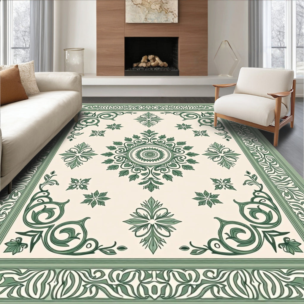 Classic Green Floral Medallion Border Rug