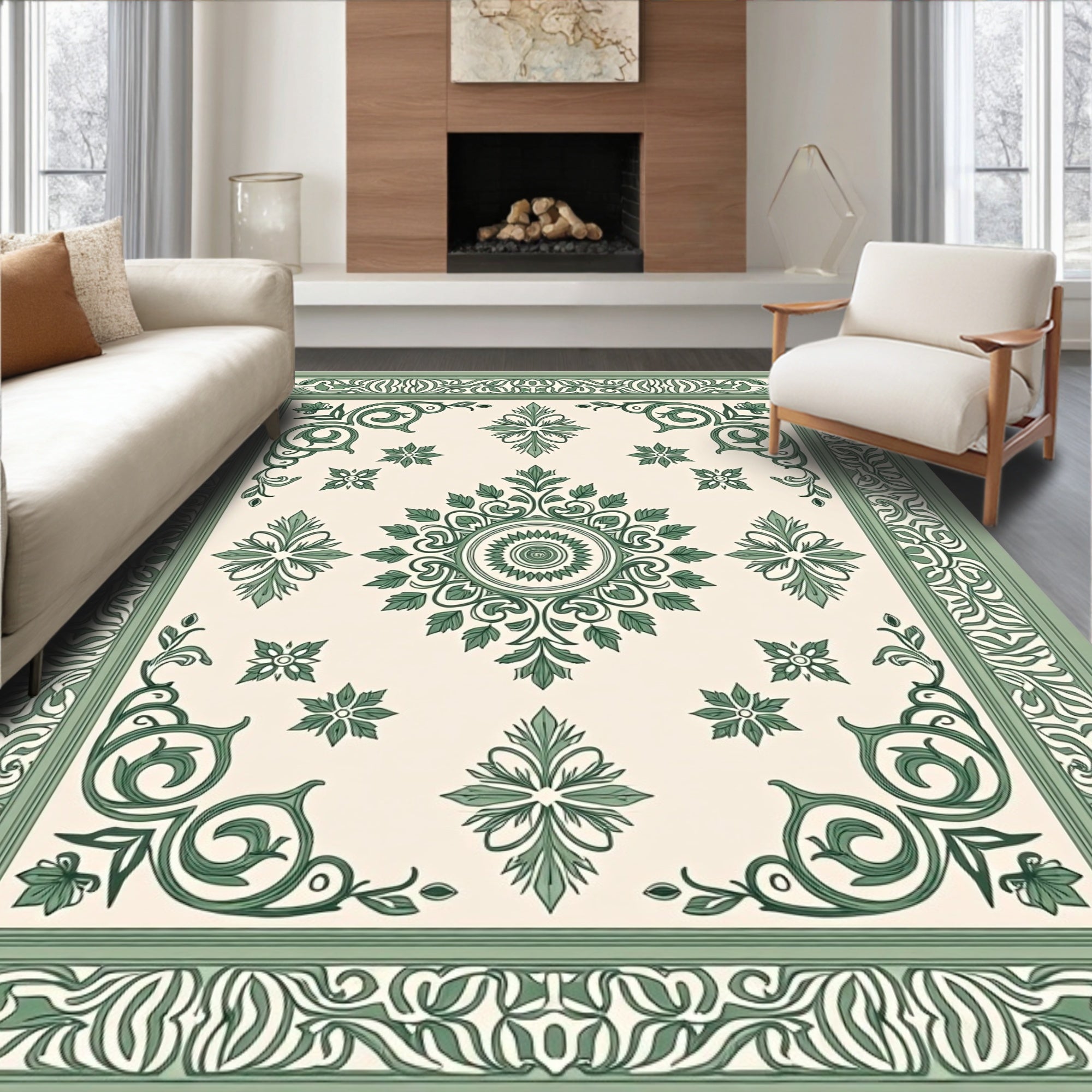 Classic Green Floral Medallion Border Rug