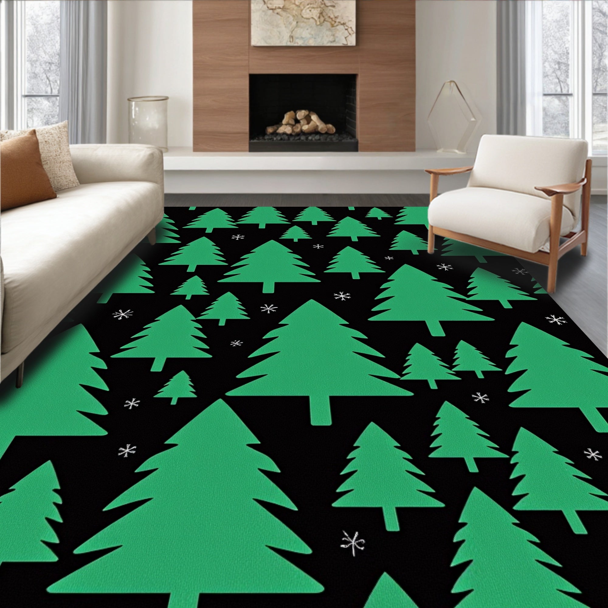Forest Green Festive Winter Trees Rug
