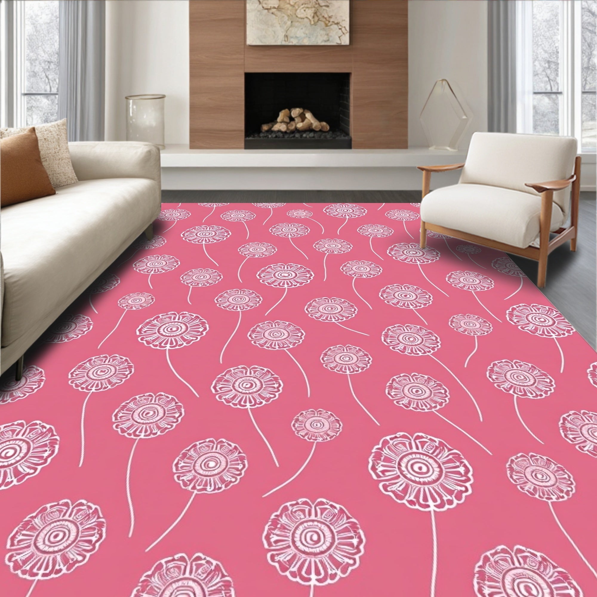 Pink White Floral Meadow Rug