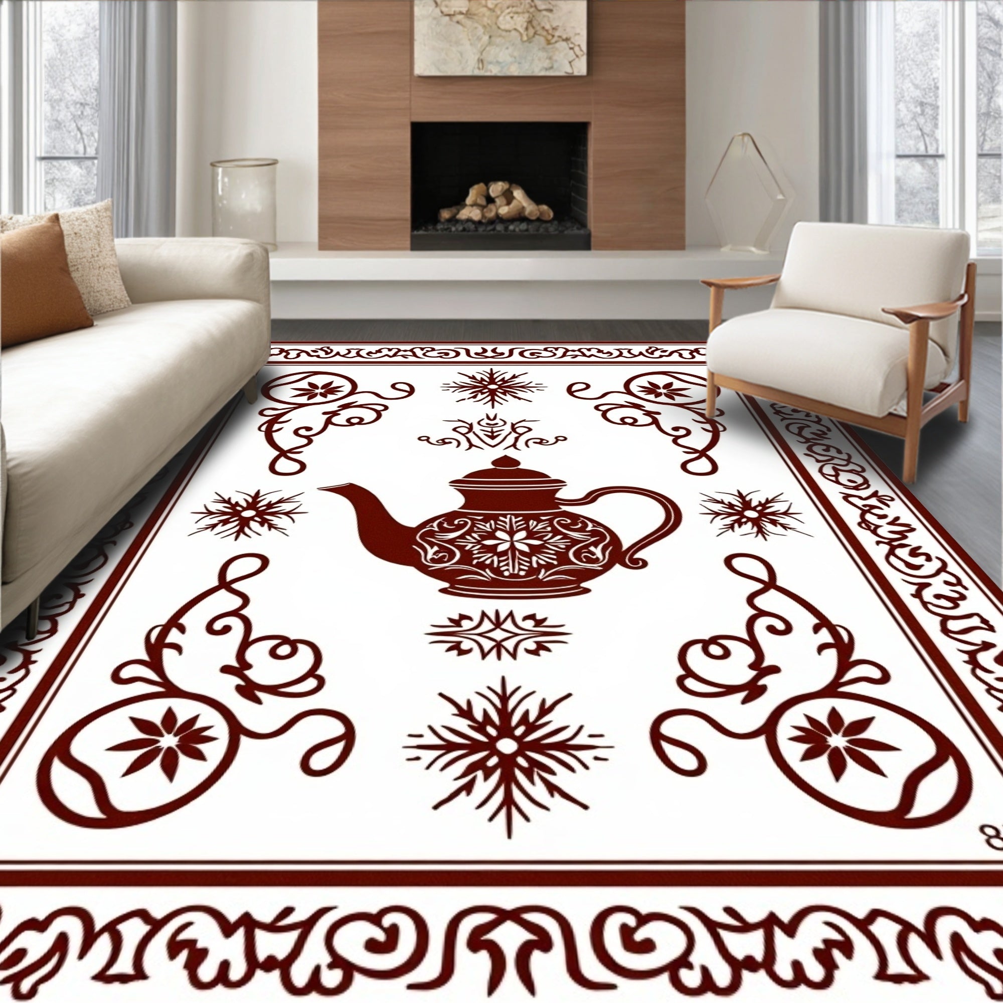 Ornate Teapot Crimson Floral Border Rug