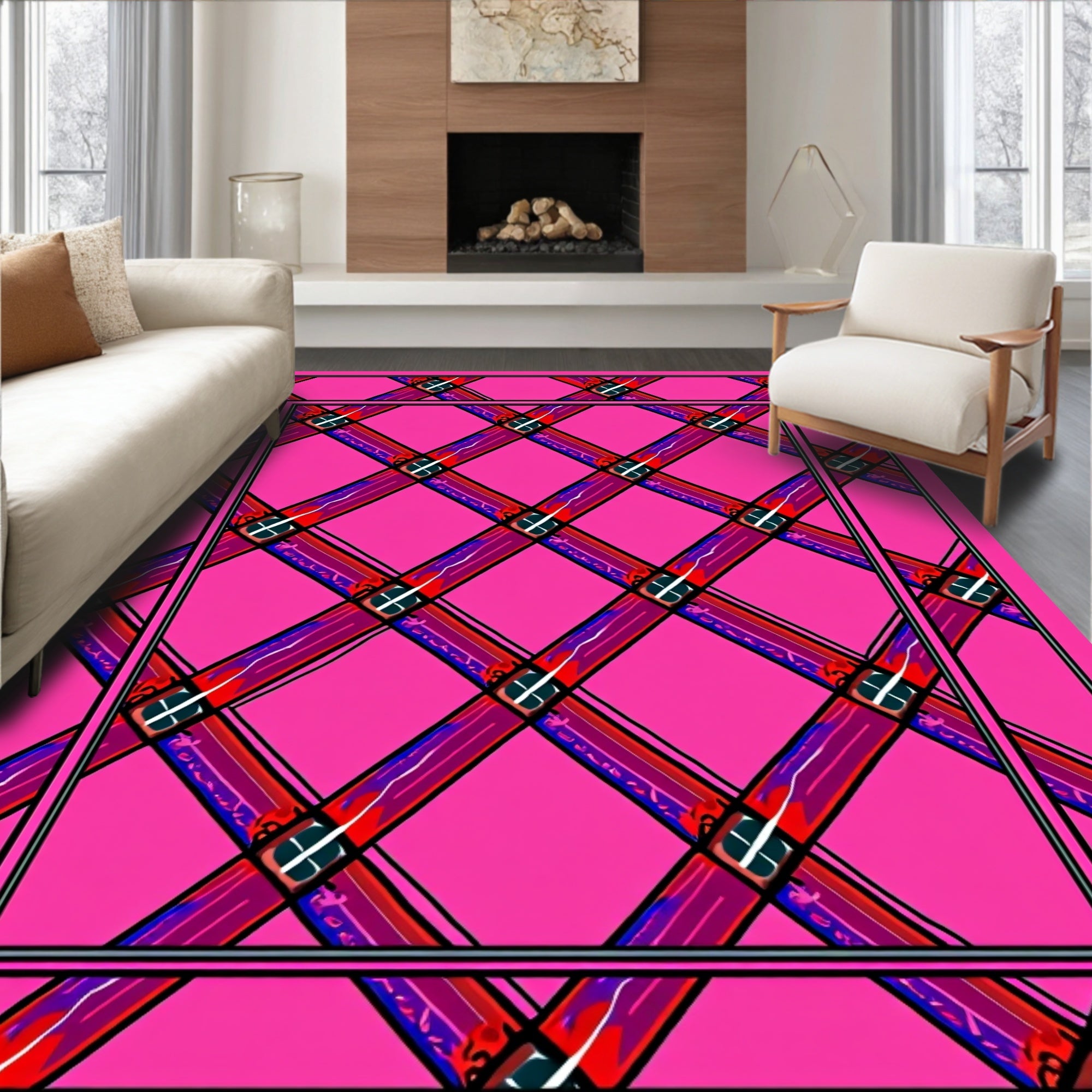 Hot Pink Tartan Intersecting Stripes Rug