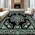Black Mint Floral Medallion Frame Rug