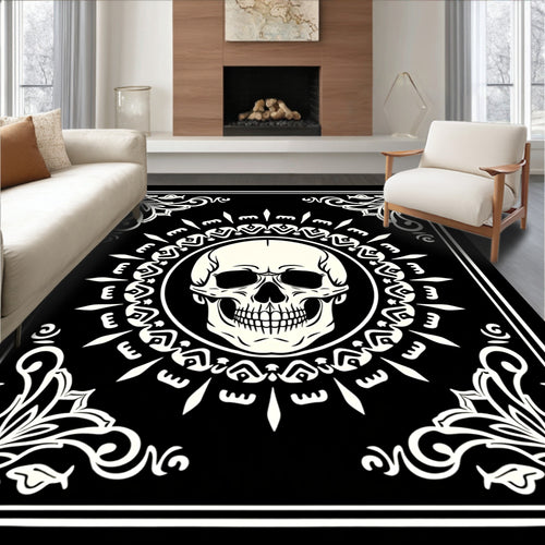 Black Cream Skull Mandala Floral Rug