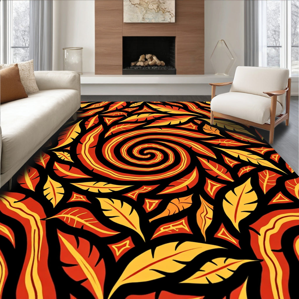Fiery Crimson Yellow Feather Swirl Rug