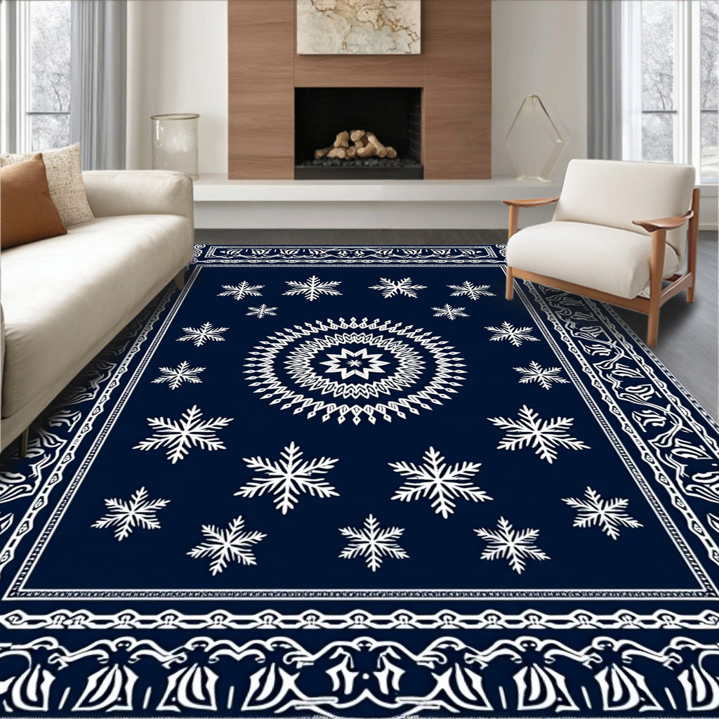 Navy White Snowflake Sunburst Border Rug