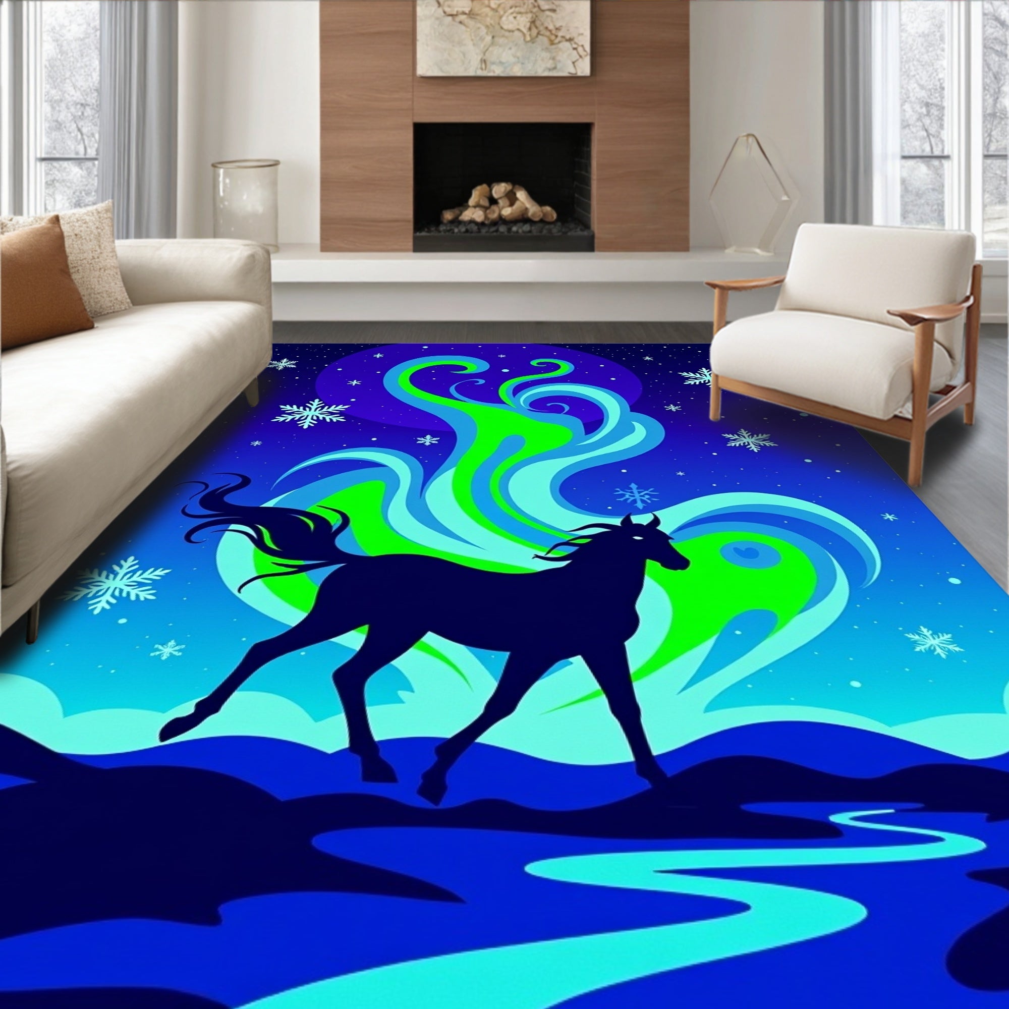 Midnight Horse Under Aurora Borealis Rug