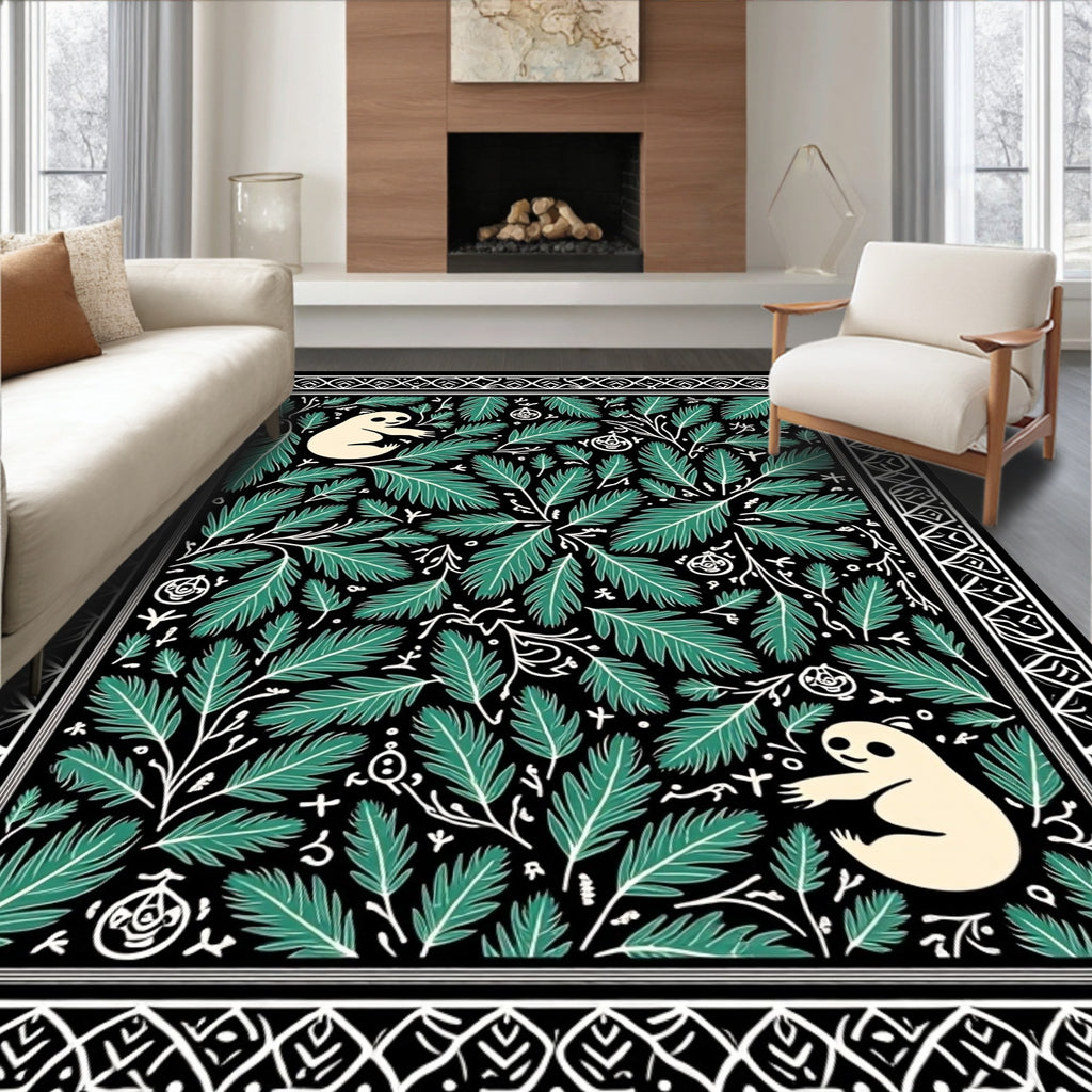 Whimsical Tan Creatures Evergreen Border Rug