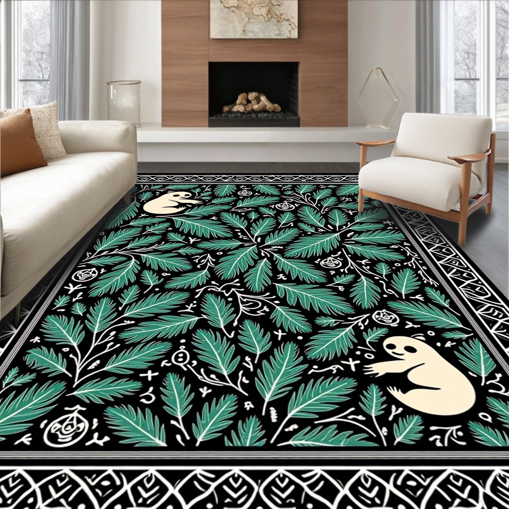Whimsical Tan Creatures Evergreen Border Rug