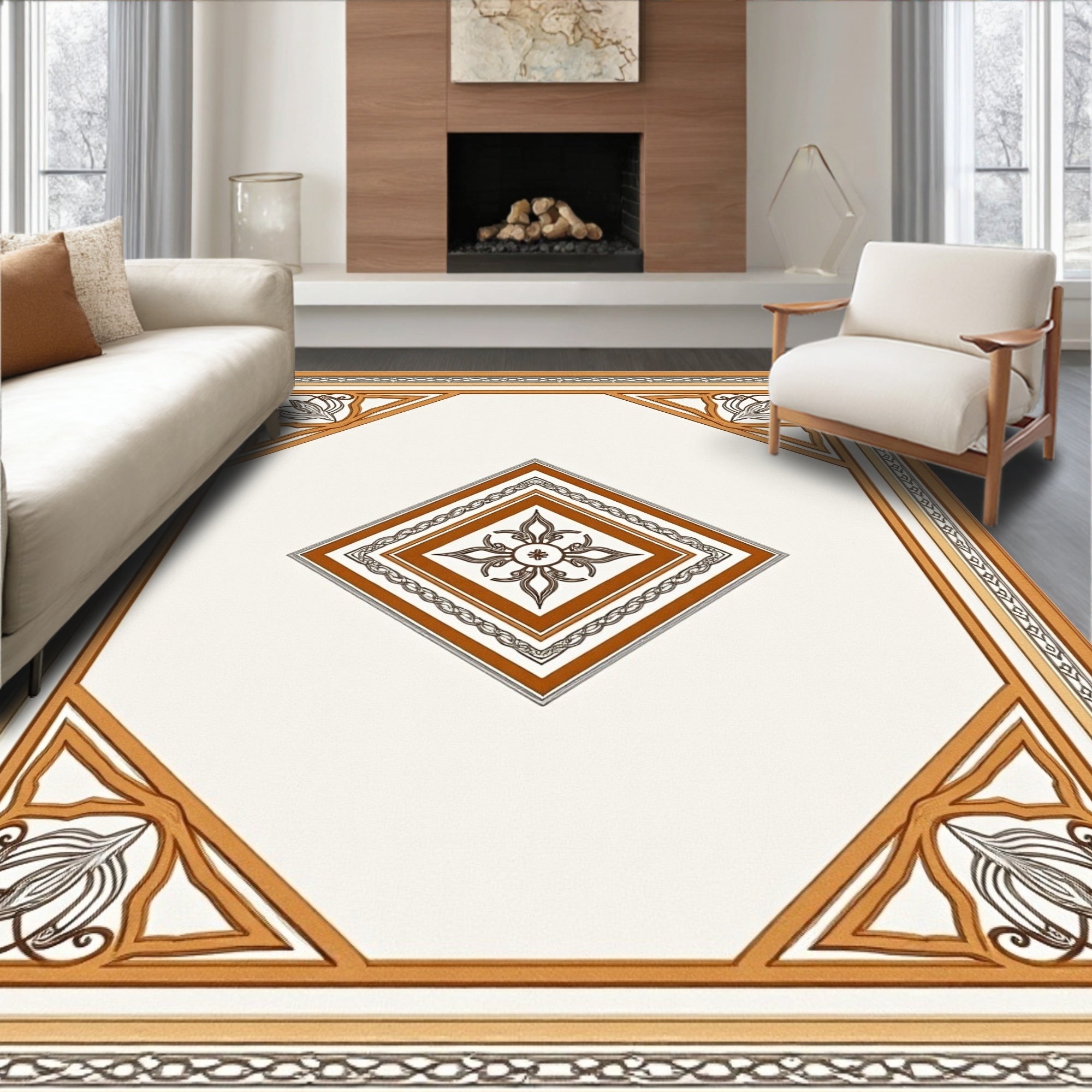 Elegant Amber Floral Medallion Square Rug