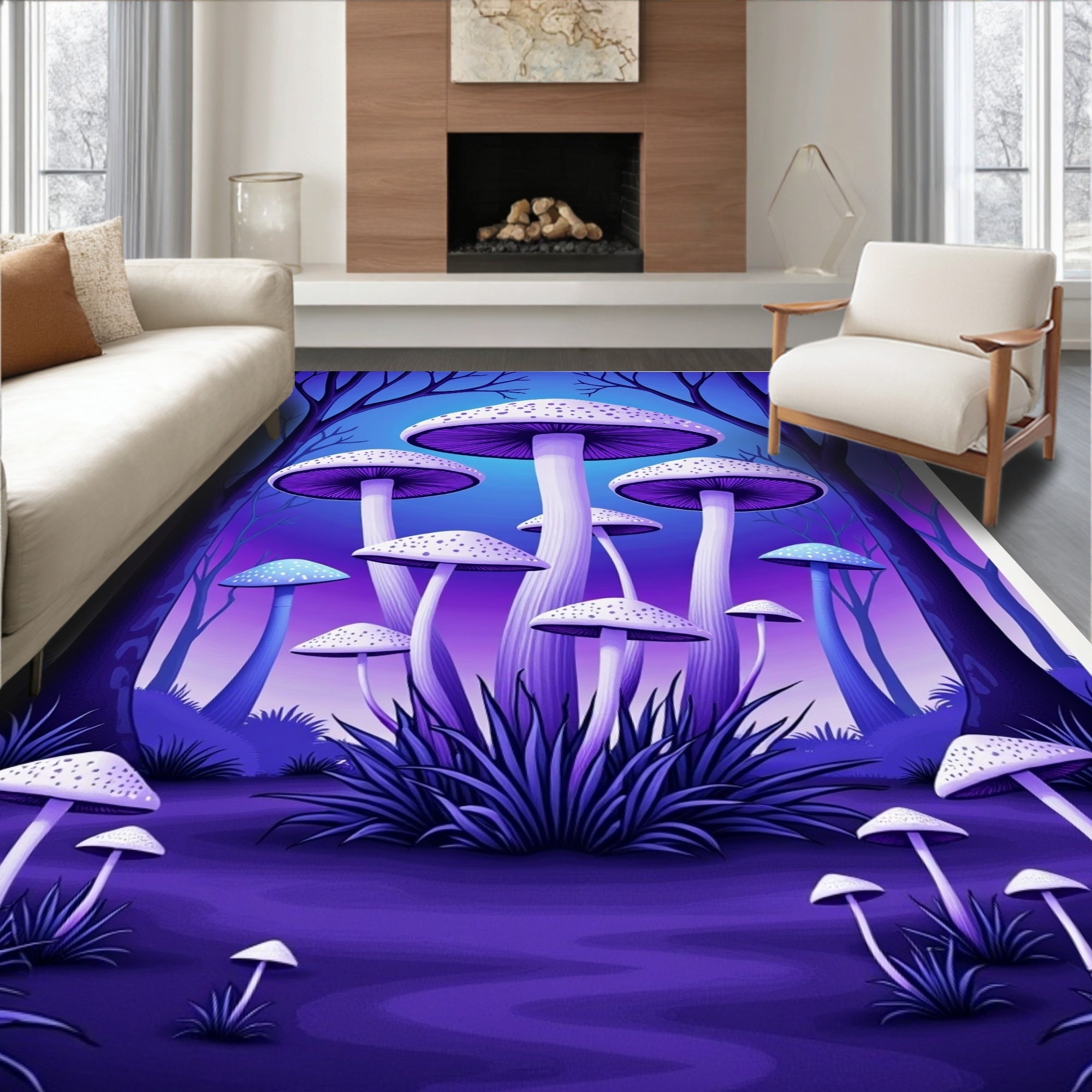 Mystical Purple Mushroom Forest Rug