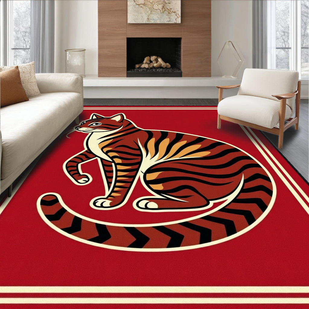 Bold Red Tiger Stripes Animal Portrait Rug