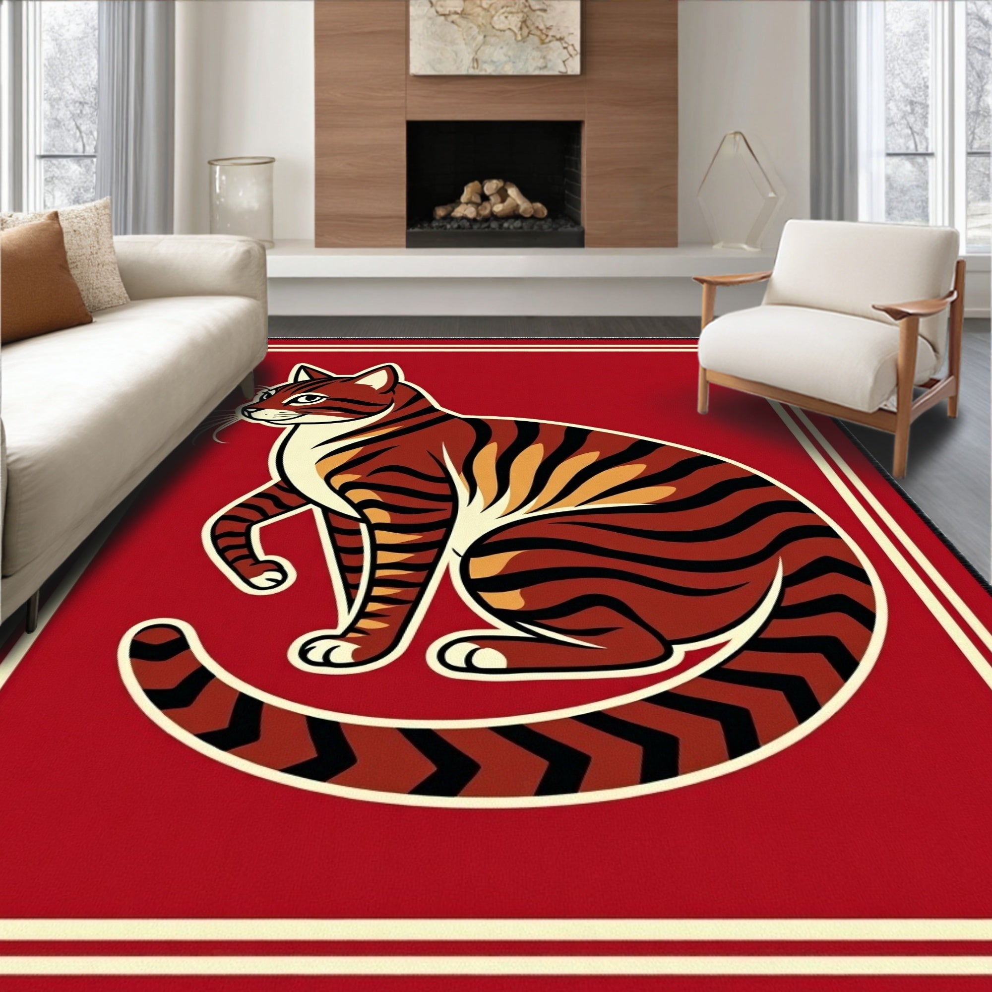 Bold Red Tiger Stripes Animal Portrait Rug