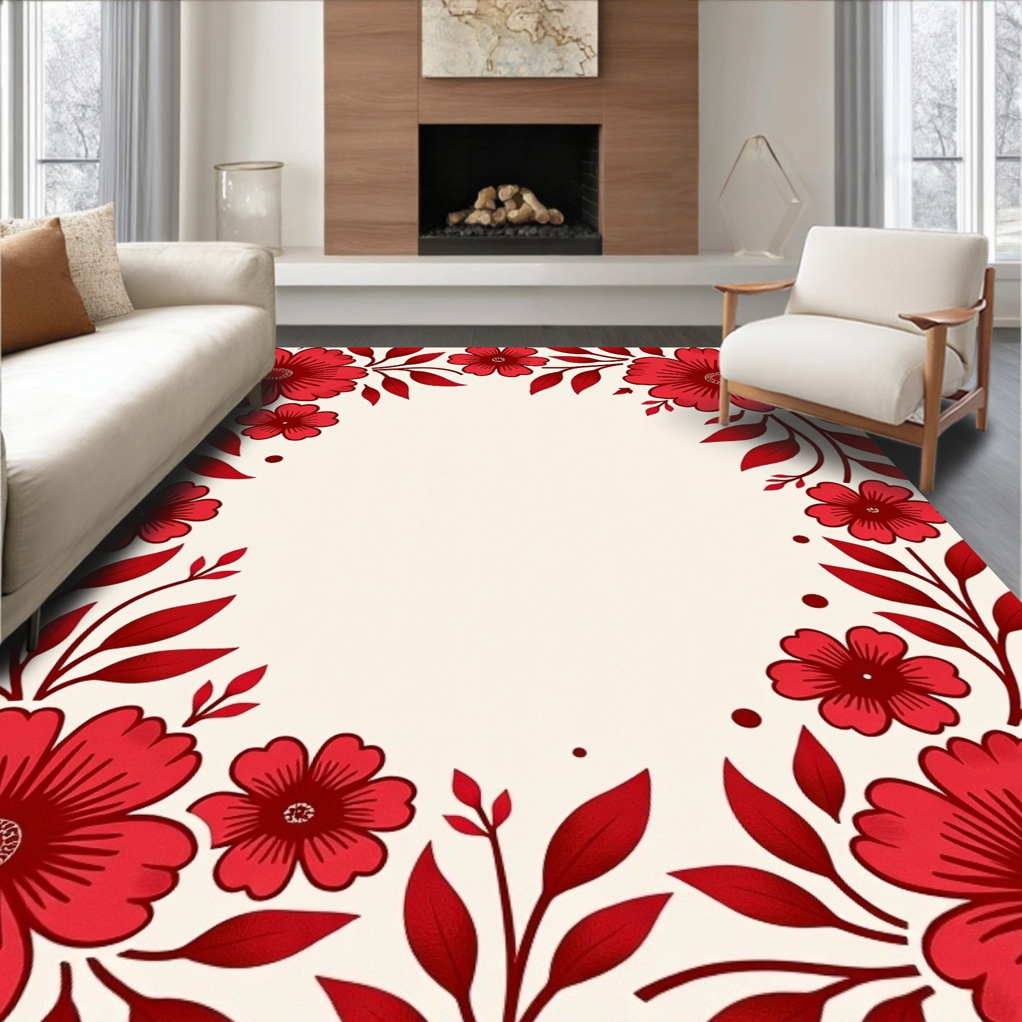 Bold Crimson Floral Branch Border Rug