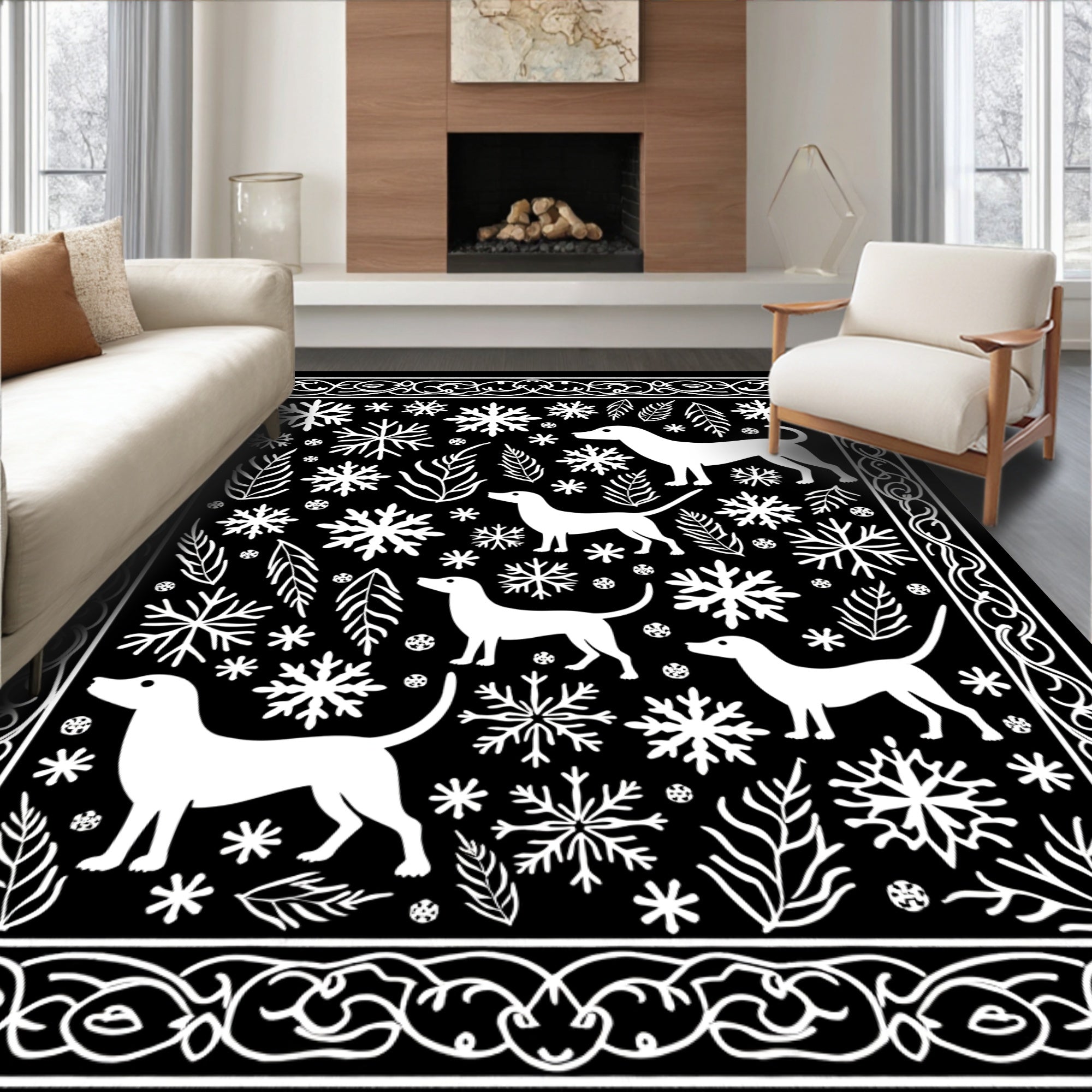 White Dogs Snowflakes Border Art Rug