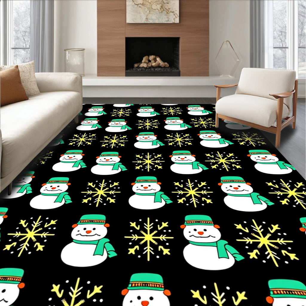 Cheerful Snowman Yellow Snowflake Black Rug