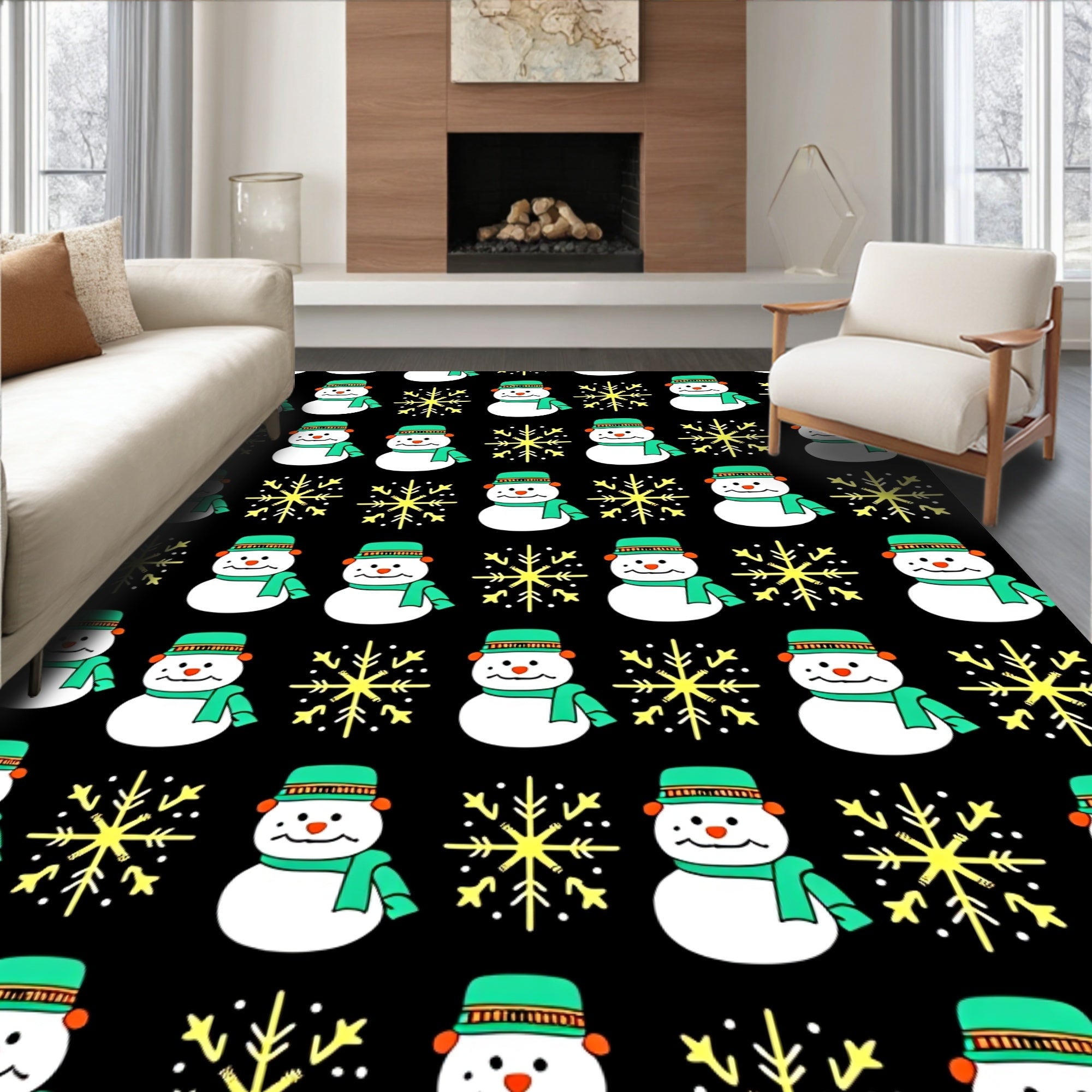 Cheerful Snowman Yellow Snowflake Black Rug