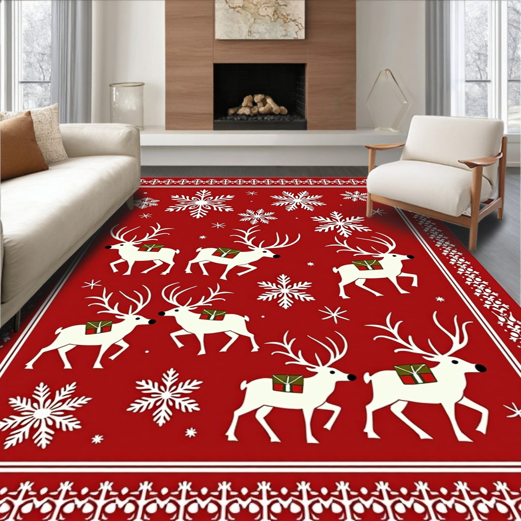 Red White Reindeer Snowflake Medallion Rug