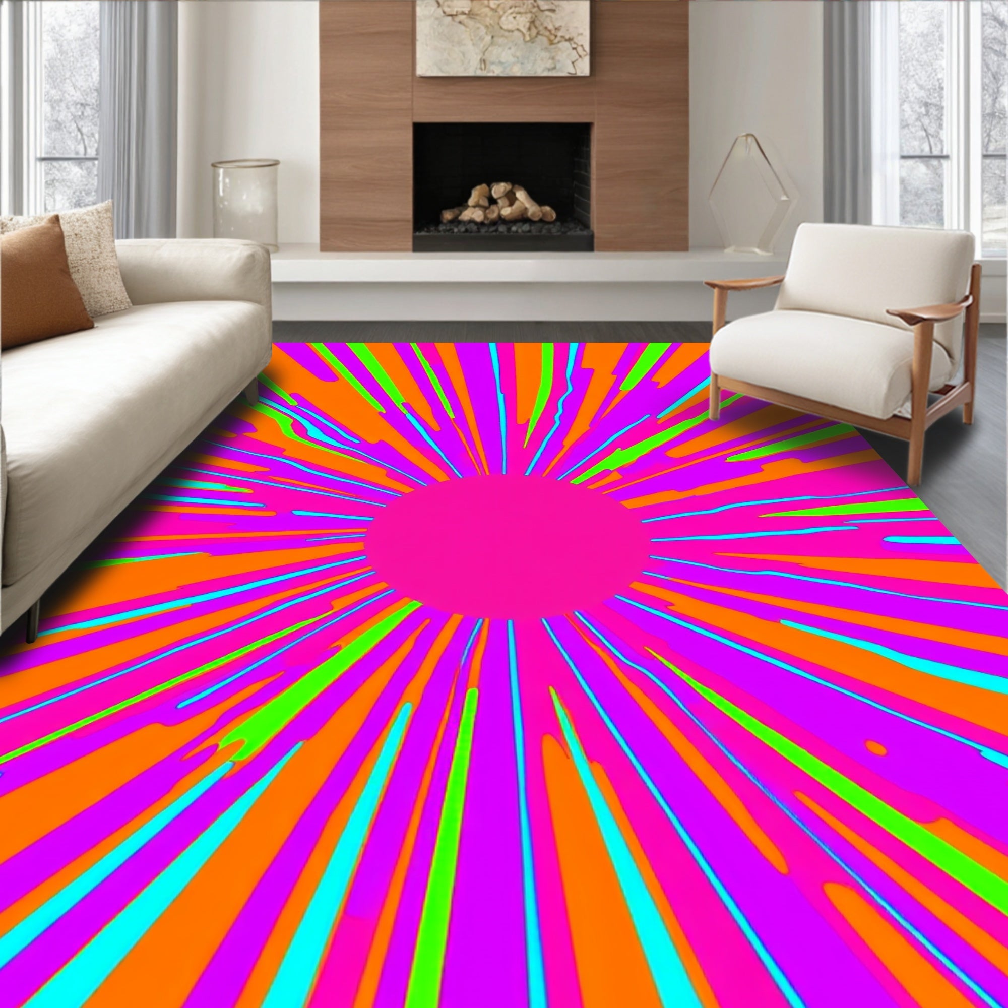 Vibrant Pink Sunburst Rays Rug