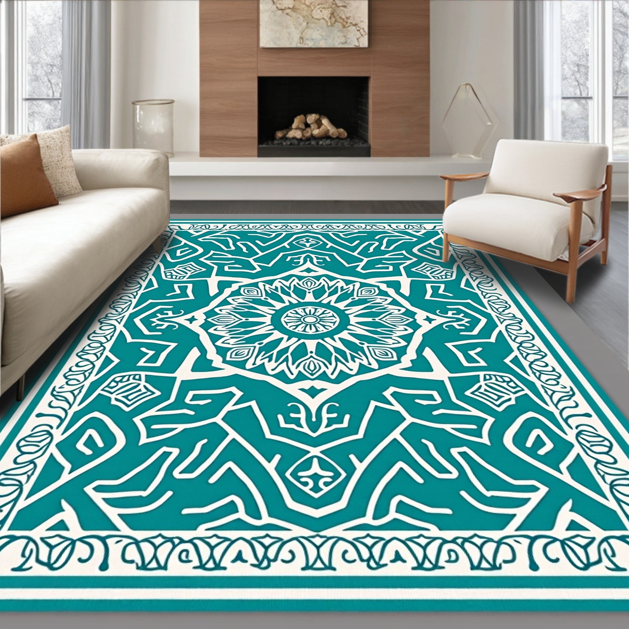 Teal and White Mandala Art Rug