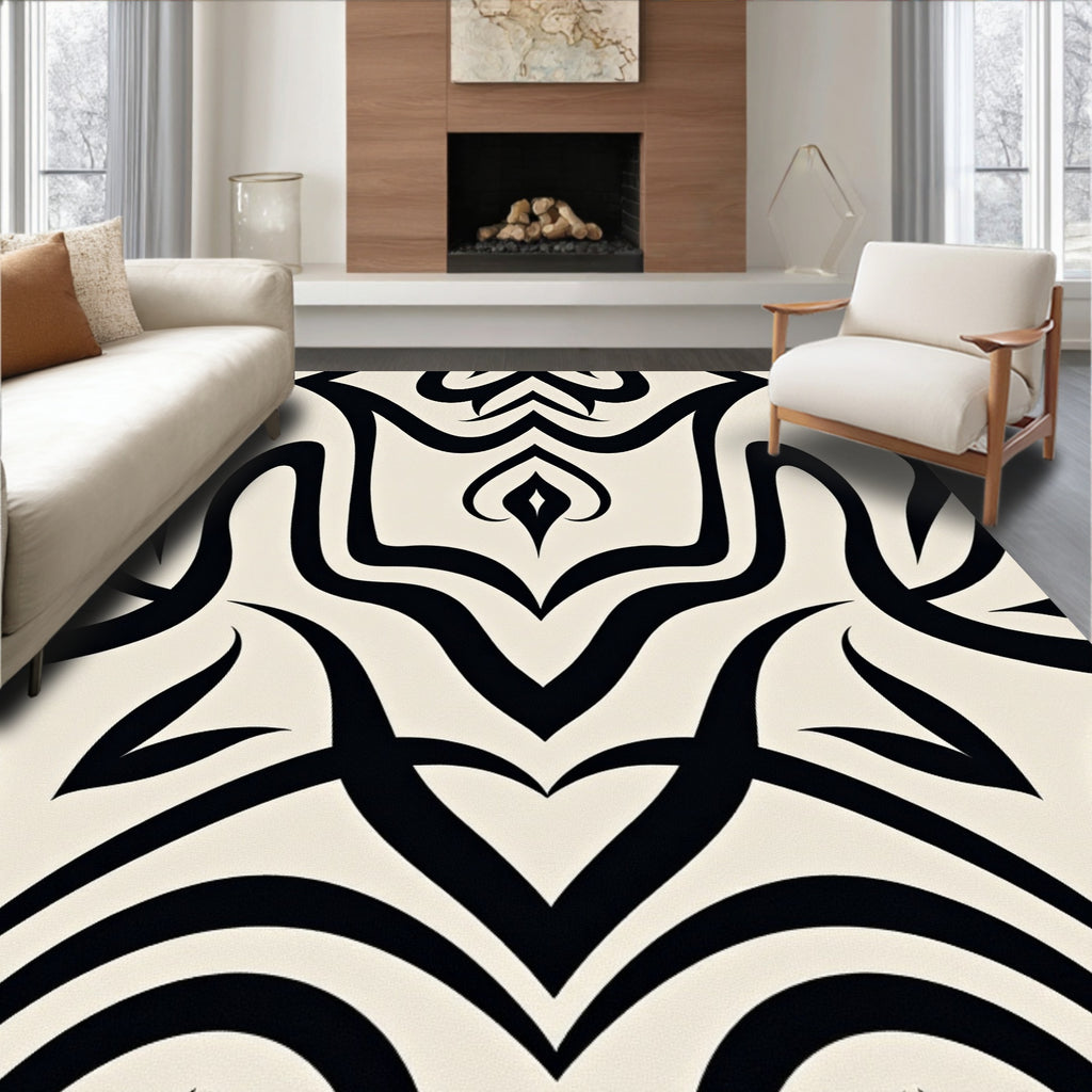 Black and Cream Abstract Organic Swirls Rug